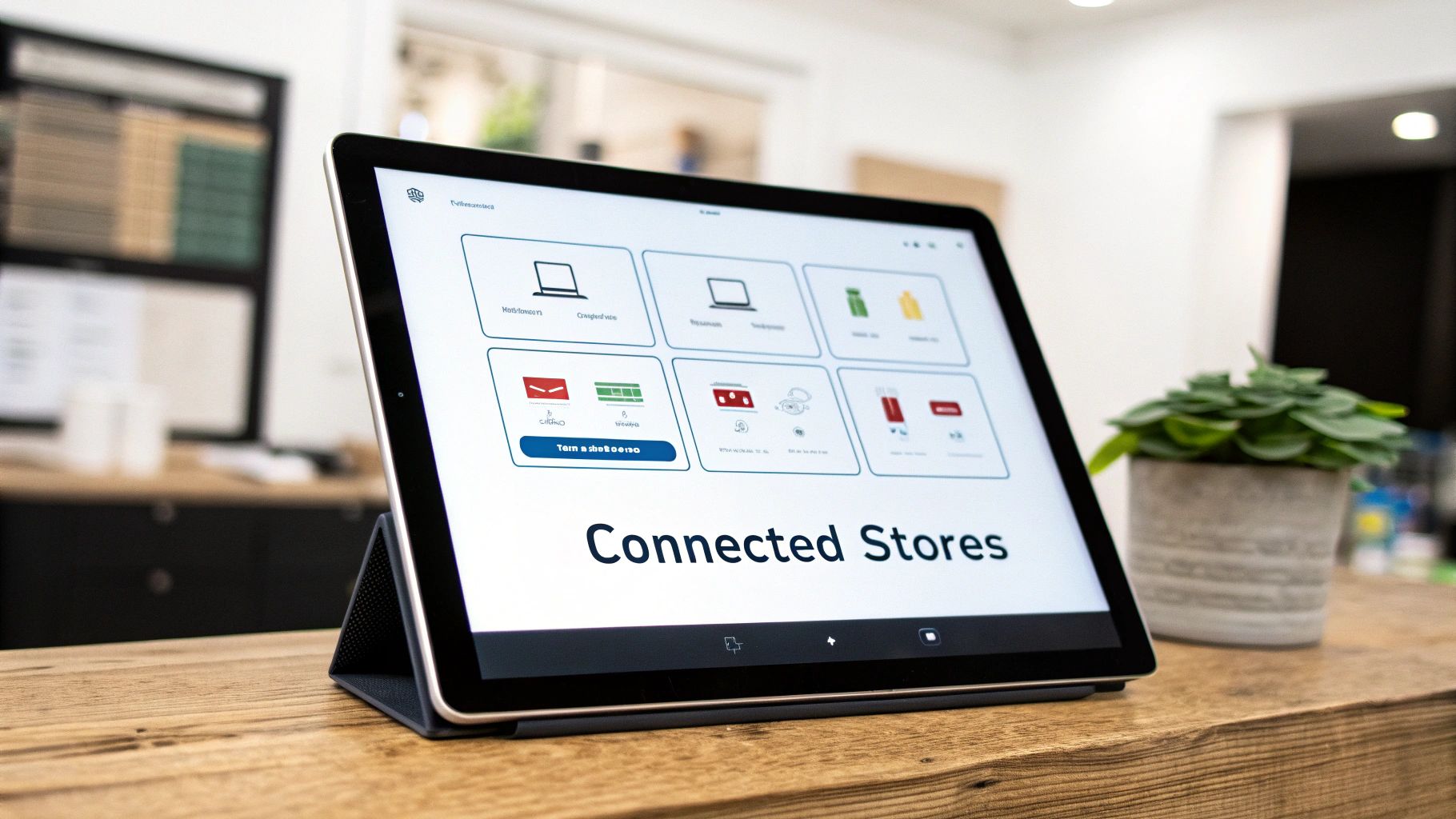 A tablet on a wooden counter displays a 'Connected Stores' interface with various icons.