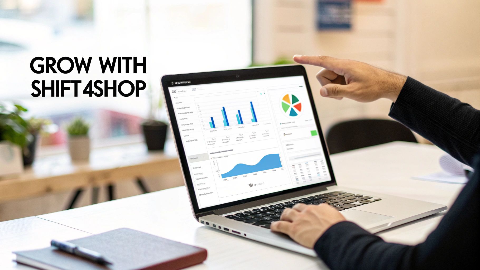 A person points at a laptop screen showing business growth charts with 'GROW WITH SHIFT4SHOP' text.