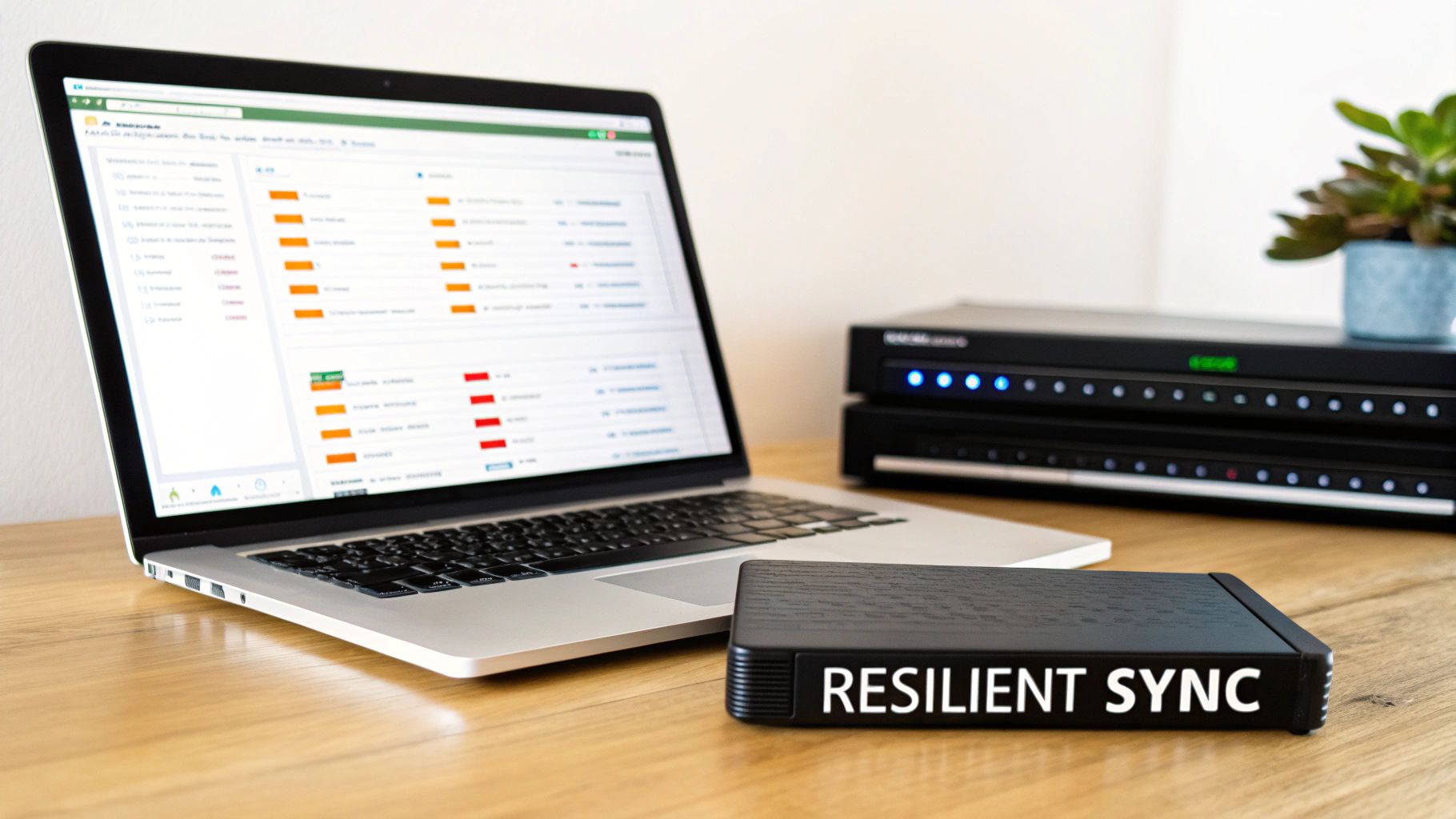 A laptop displaying data, with a 'RESILIENT SYNC' device and other electronics on a wooden desk.