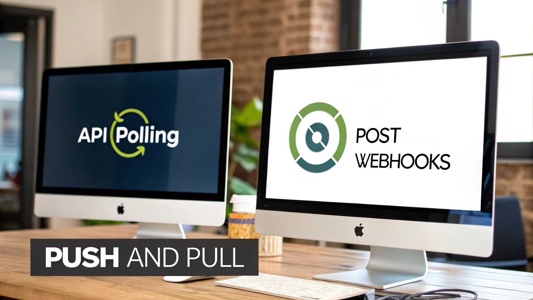 Two computer monitors on a desk comparing API Polling (Pull) and POST Webhooks (Push) concepts.