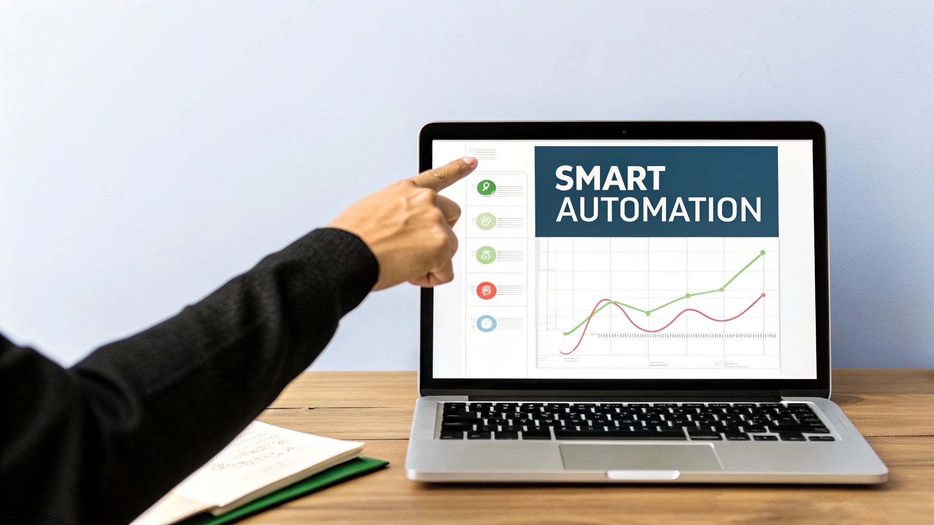 Professional pointing at laptop screen displaying smart automation dashboard with performance graphs and metrics