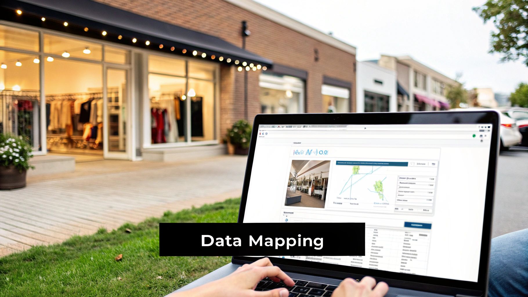 A person uses a laptop outdoors, displaying data mapping software, with a stylish boutique storefront in the background.