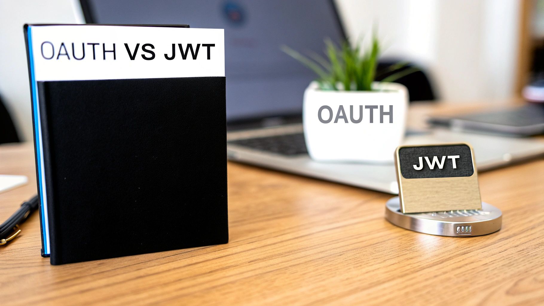 A desk setup featuring a book titled 'OAUTH VS JWT', an 'OAUTH' plant pot, and a 'JWT' stamp.