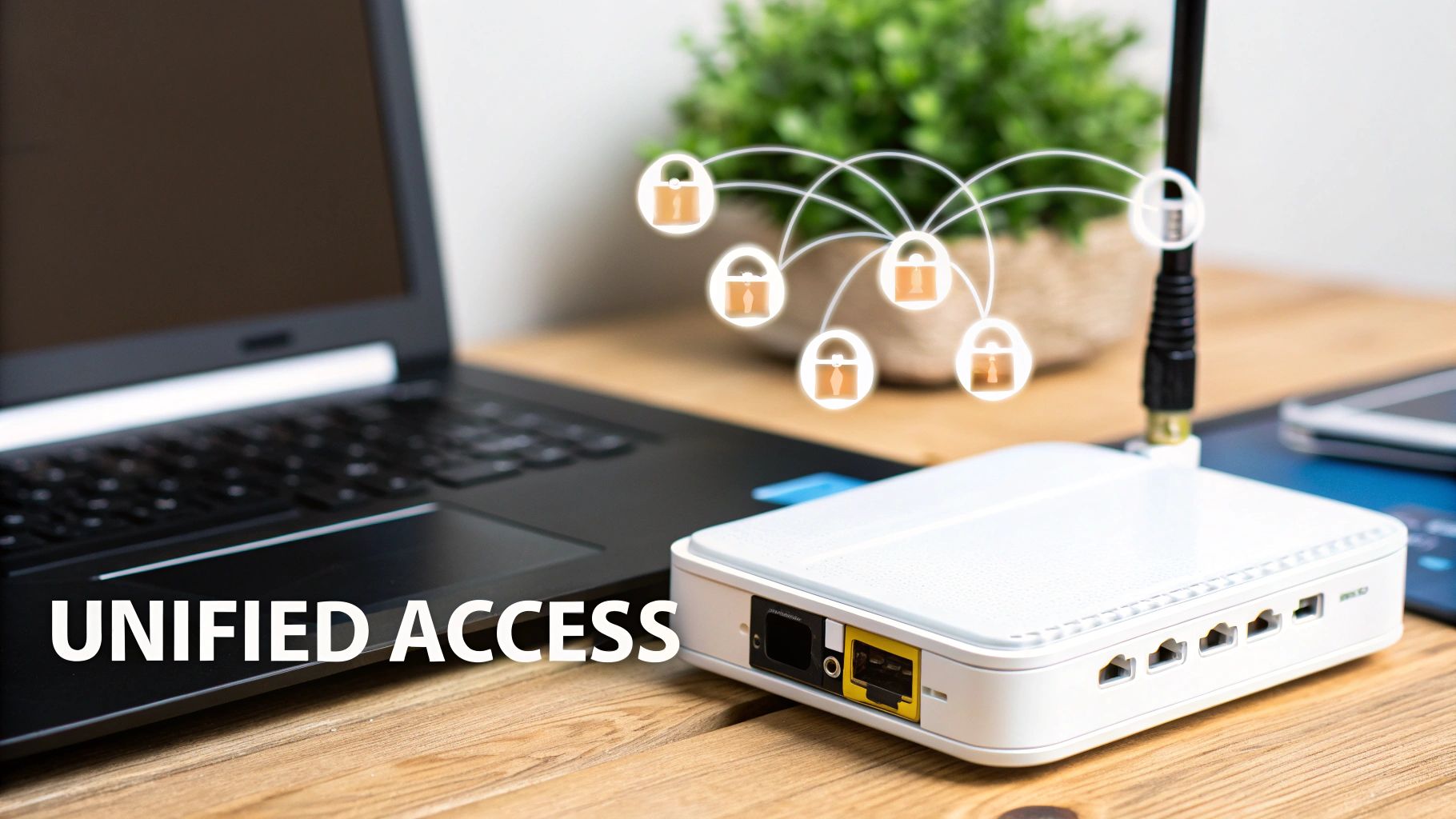 A laptop and wireless router with glowing lock icons symbolizing secure unified network access.