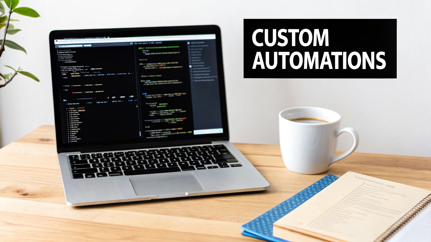 Modern workspace featuring a laptop coding screen, a coffee cup, and text "CUSTOM AUTOMATIONS".