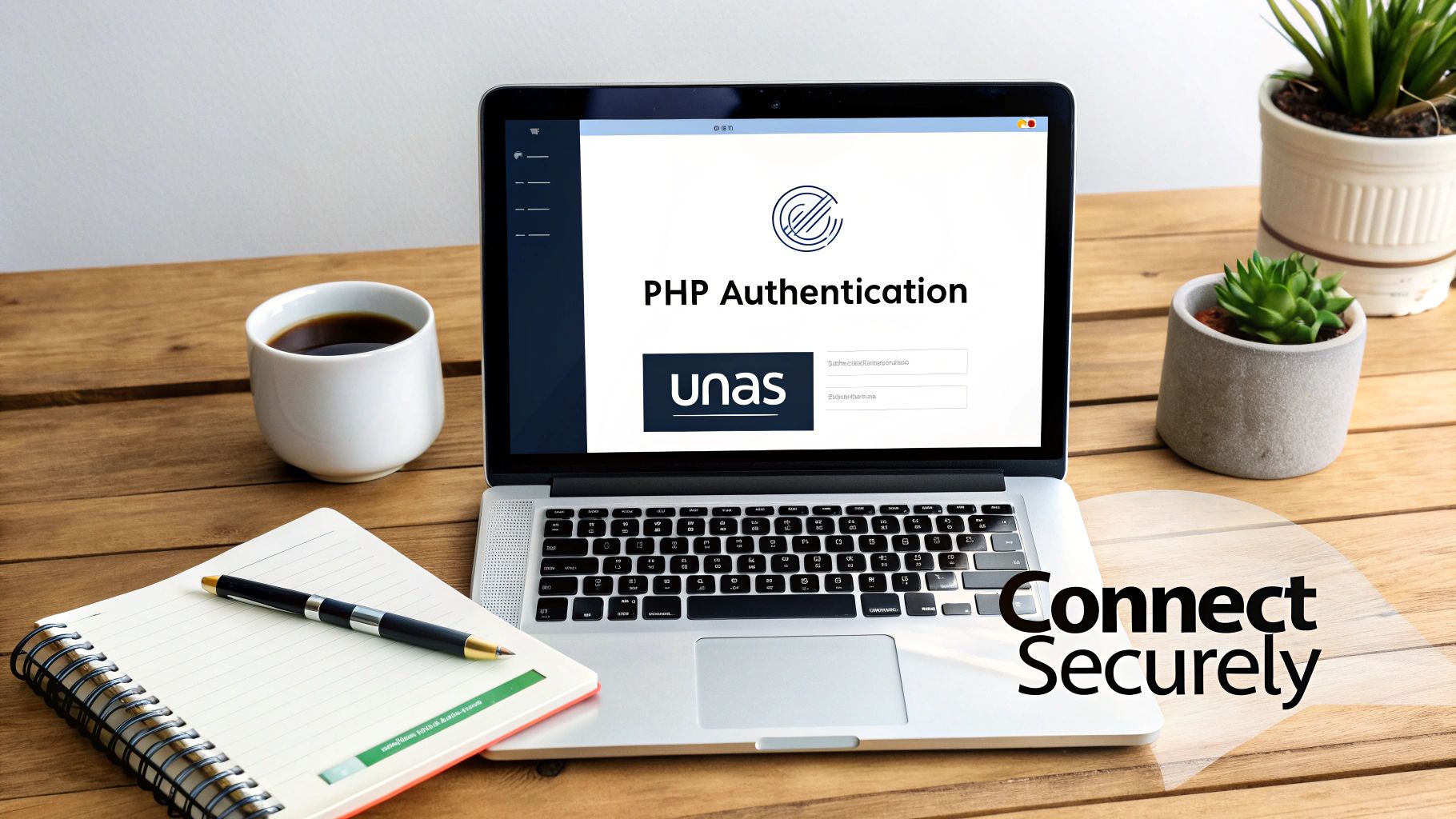 A laptop on a wooden table displays a PHP authentication login screen with the unas logo. Also present are a coffee cup, notebook, pen, and two plants, with a 'Connect Securely' overlay.