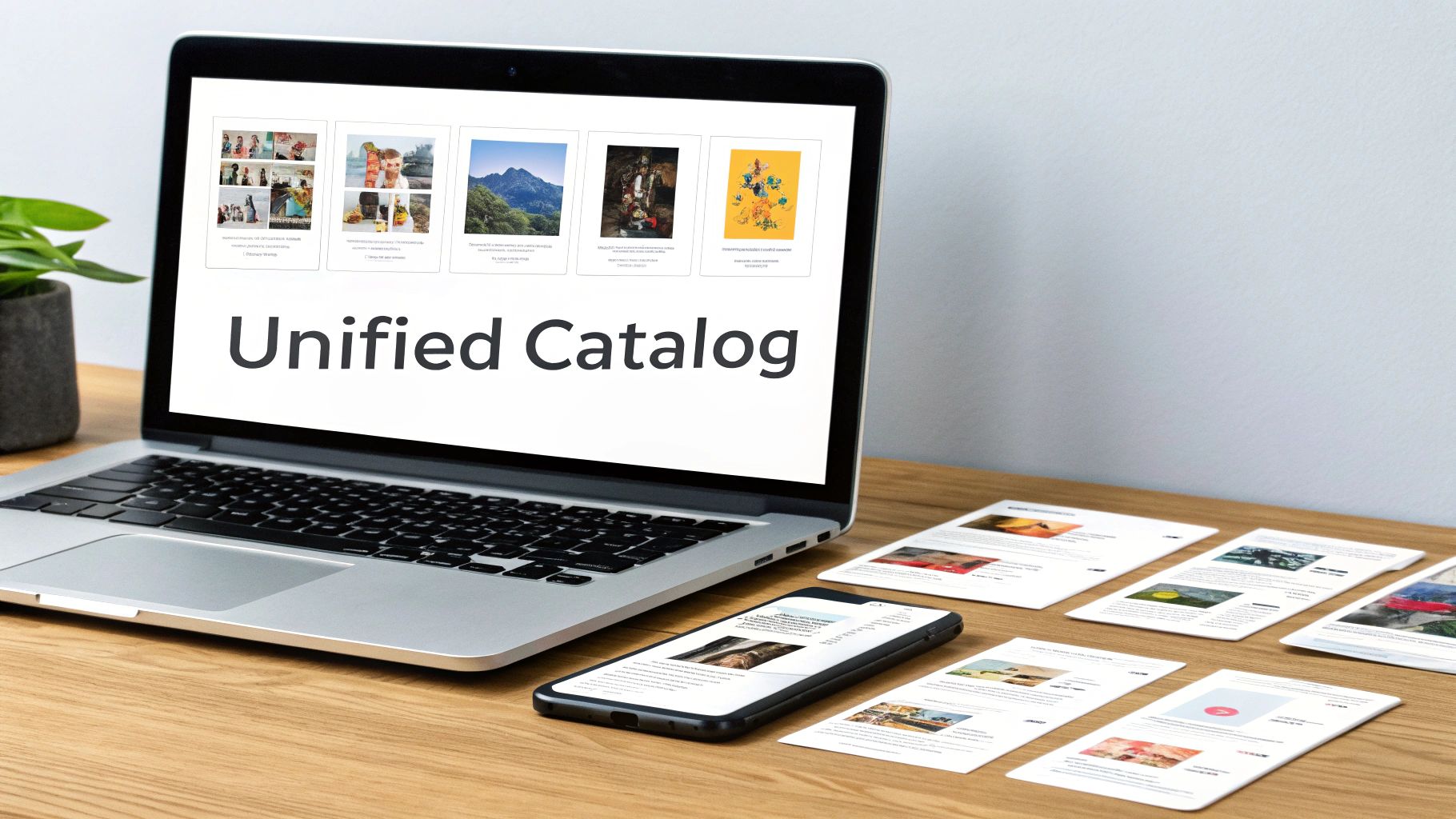 Unified catalog displayed on a laptop, smartphone, and printed documents, demonstrating content integration across devices.