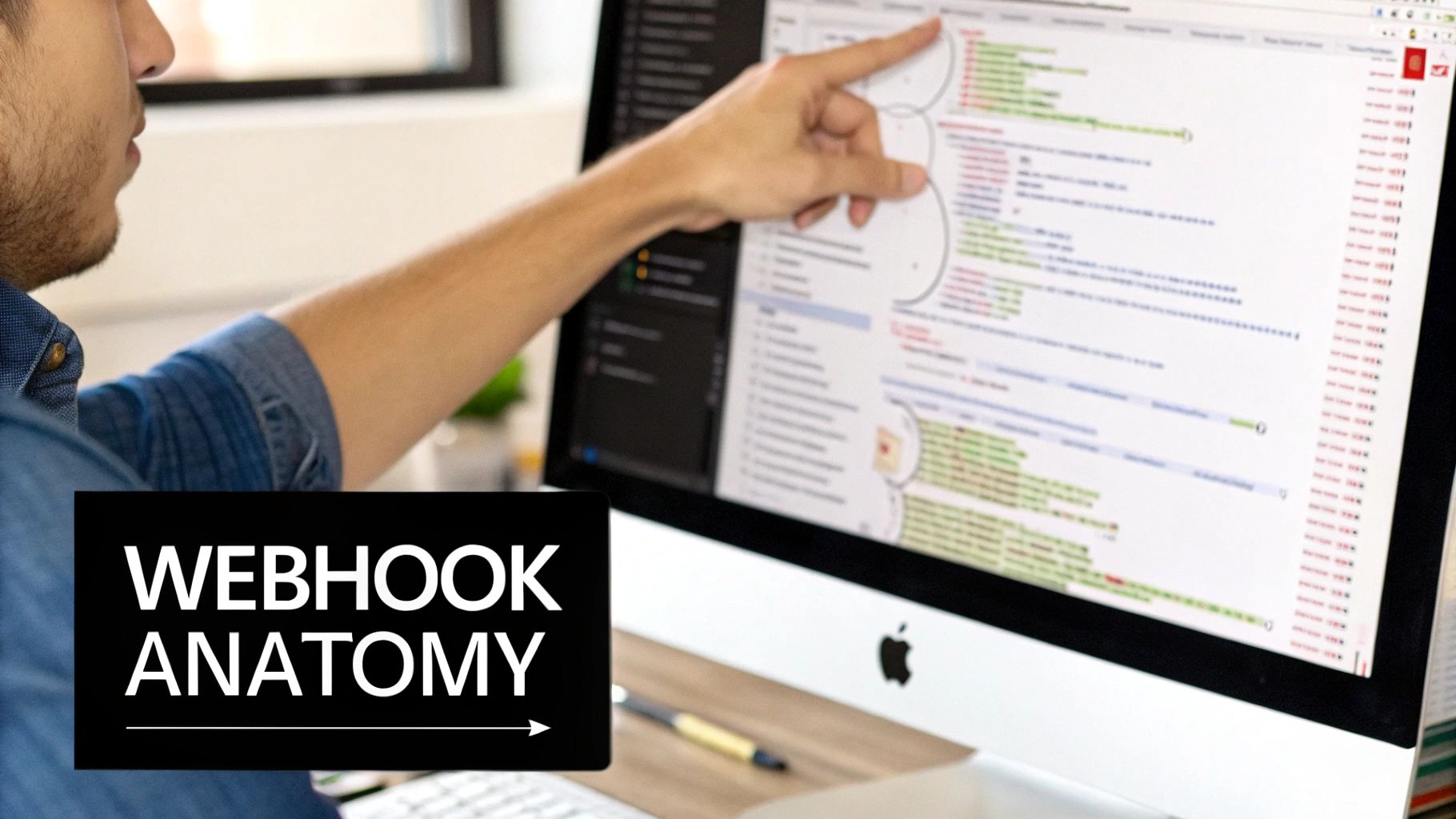 A person in a denim shirt pointing at a desktop computer screen showing code, with 'WEBHOOK ANATOMY' text.