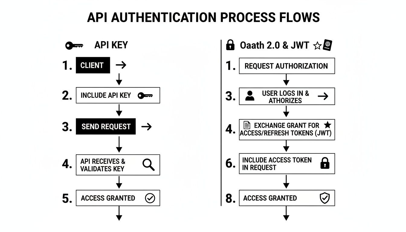 Flowchart comparing API Key and OAuth 2.0 & JWT authentication process flows with sequential steps.