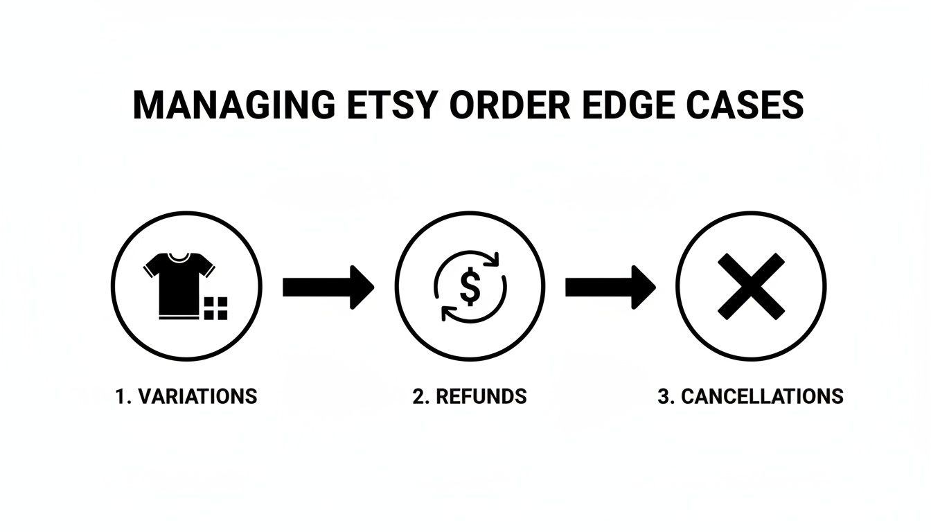 Flowchart illustrating three Etsy order edge cases: variations, refunds, and cancellations.