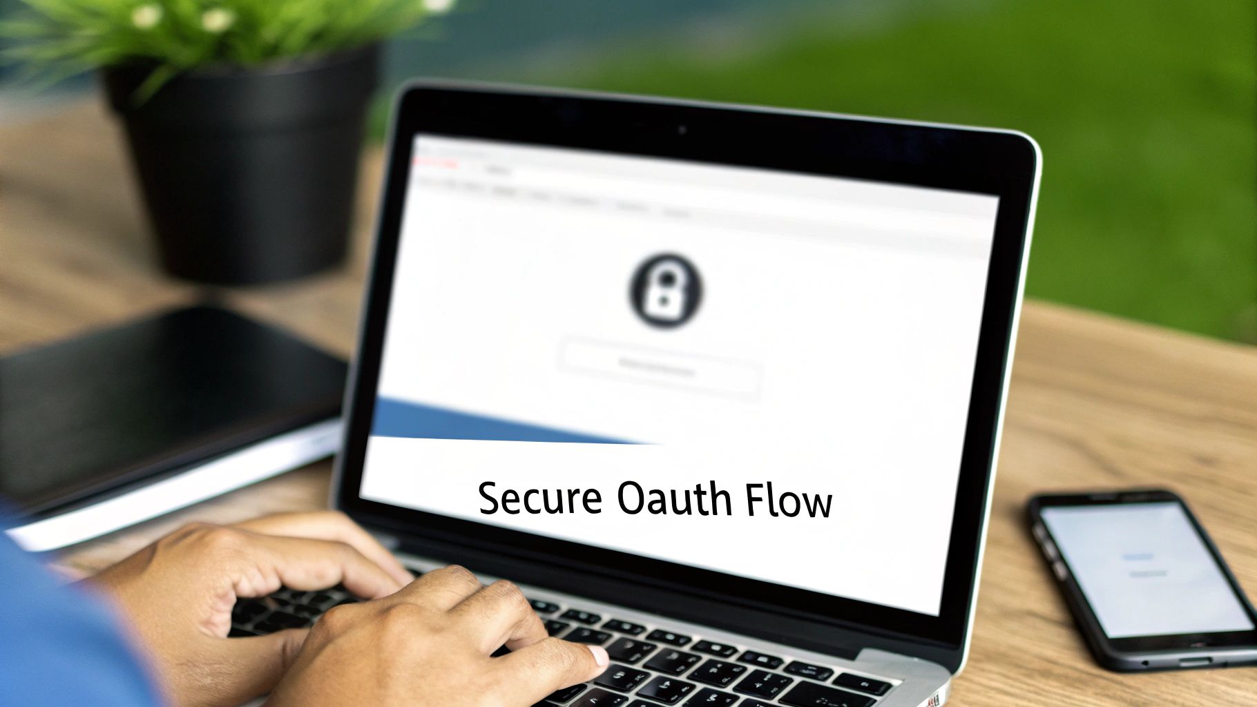 A person typing on a laptop displaying 'Secure Oauth Flow' with a lock icon on the screen.