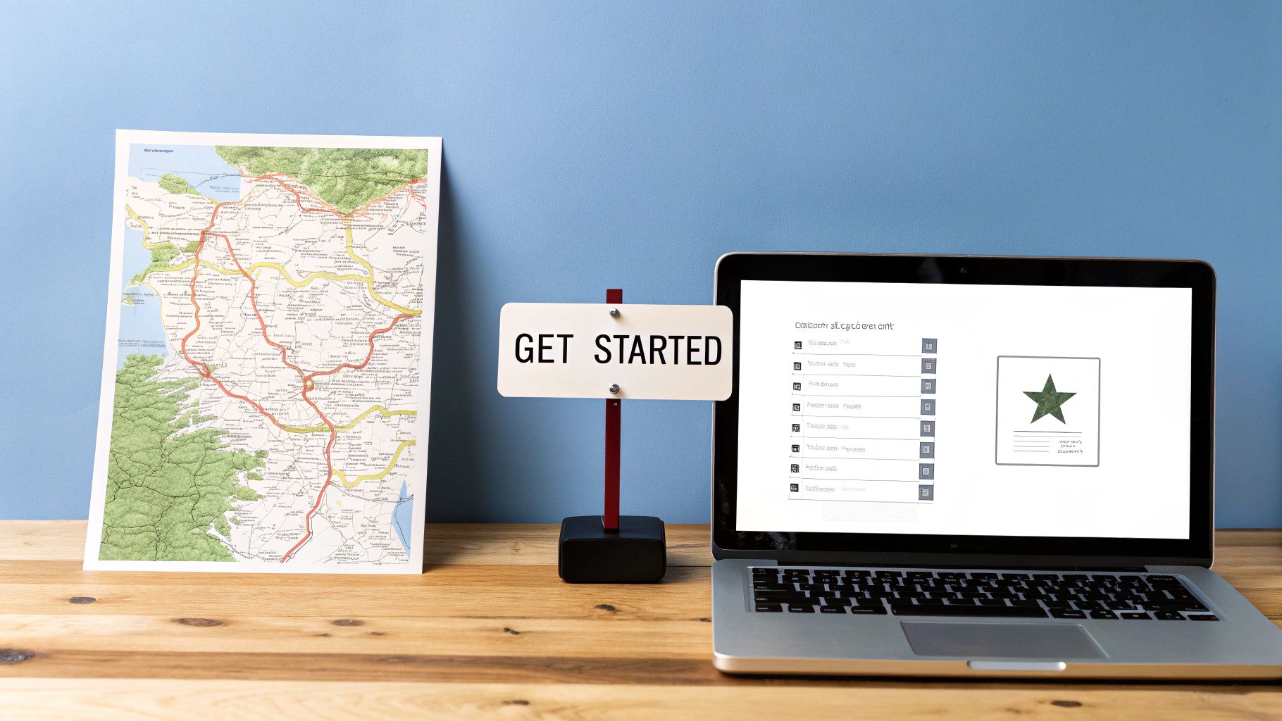 A wooden desk features a map, a 'GET STARTED' sign, and a laptop displaying a star icon.