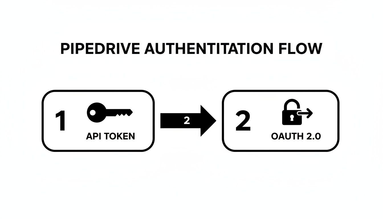 Diagram illustrating the Pipedrive authentication flow, transitioning from API tokens to OAuth 2.0.