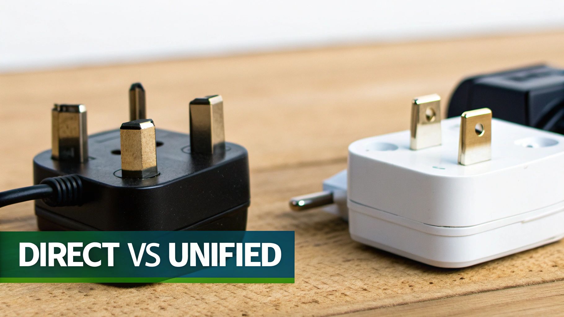 Two different electrical plugs, a black UK type and a white US type, on a wooden table, illustrating a comparison.