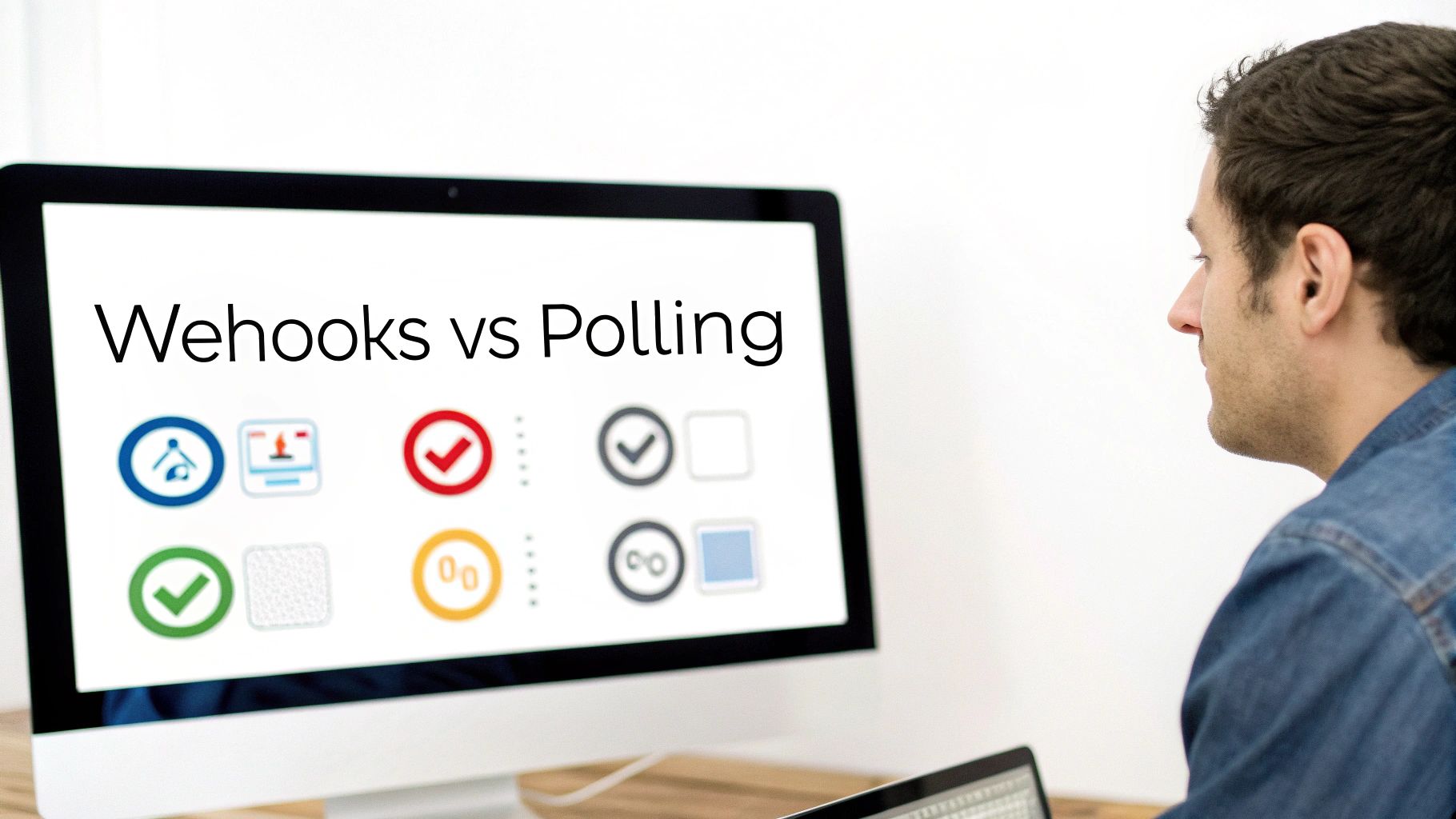 Man looking at a monitor displaying 'Wehooks vs Polling' with various status icons for software integration.