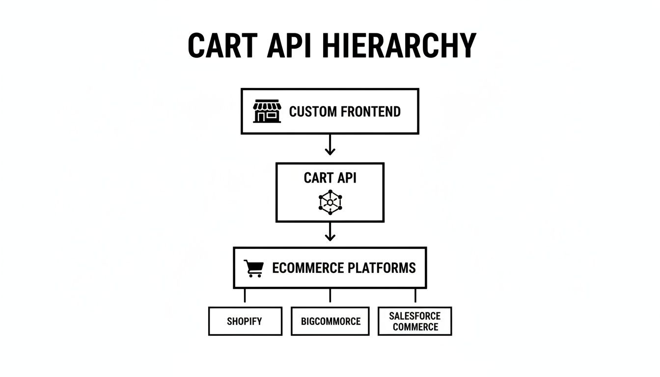 Diagram illustrating the Cart API hierarchy connecting a custom frontend, Cart API, and various e-commerce platforms.