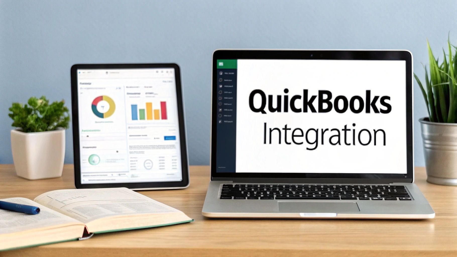 Laptop displaying QuickBooks Integration, a tablet with financial charts, and plants on a wooden desk.
