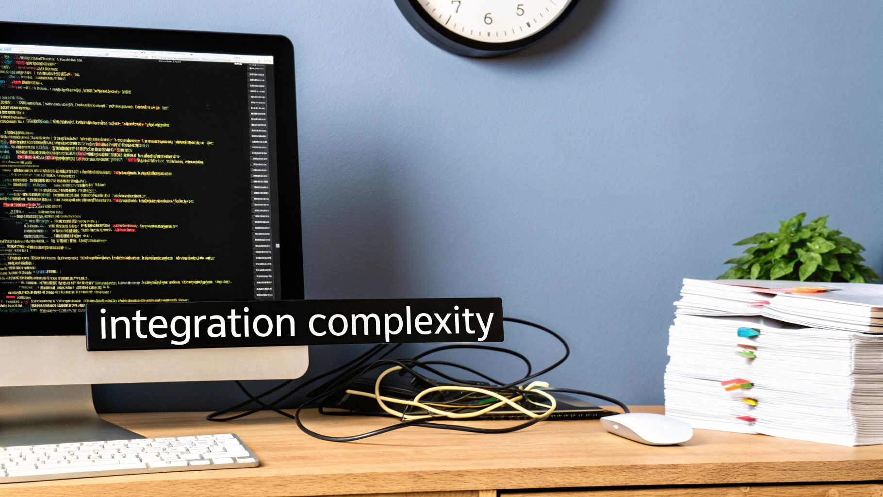 A messy developer's desk with a computer displaying code, tangled wires, and papers, highlighting 'integration complexity'.