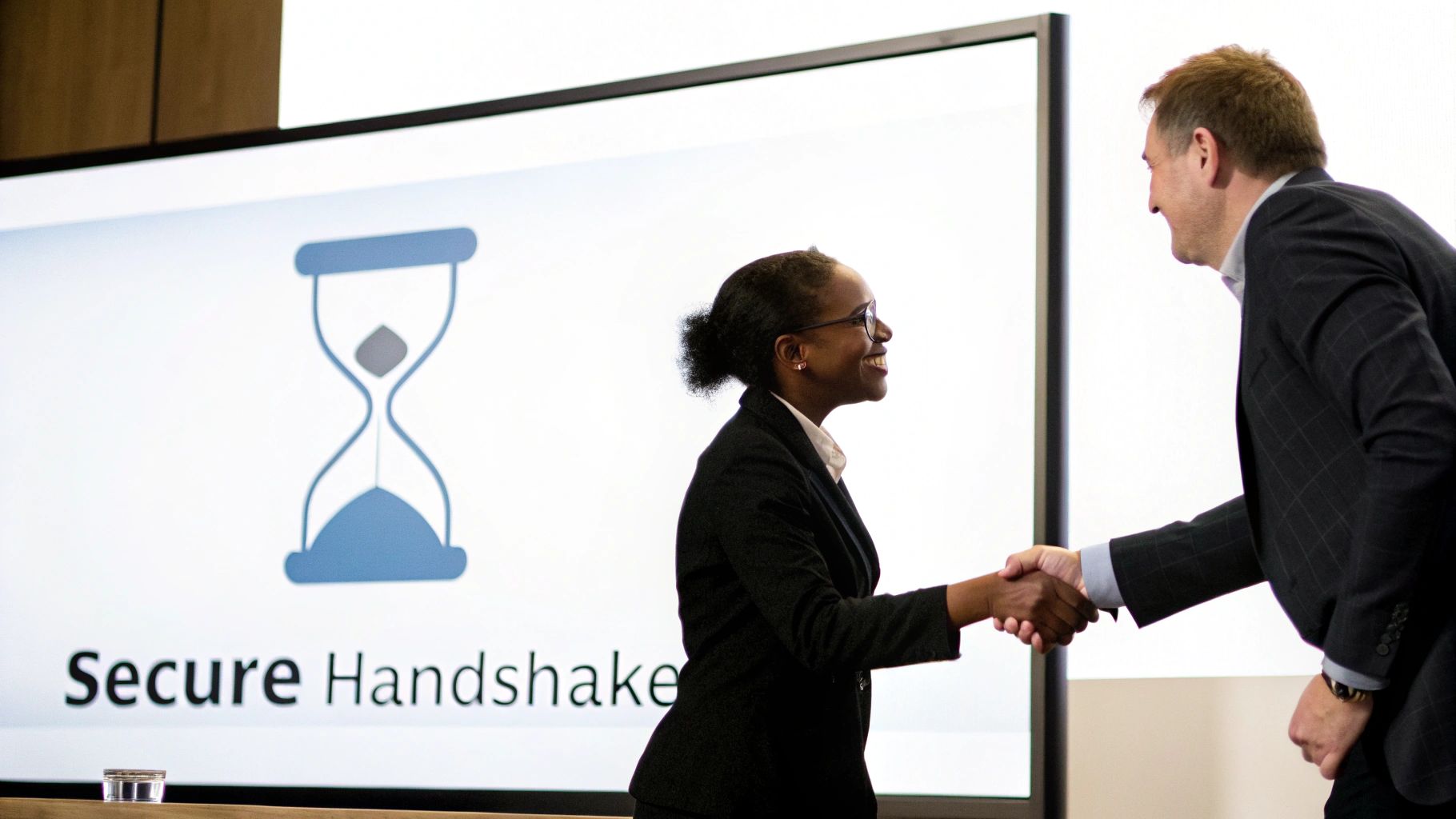 Two diverse business people smiling and shaking hands, with 'Secure Handshake' on a screen.