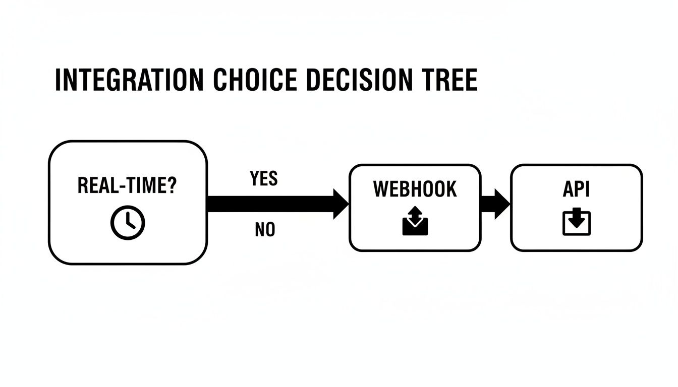 A decision tree showing integration choices: Real-time leads to Webhook, otherwise to API.