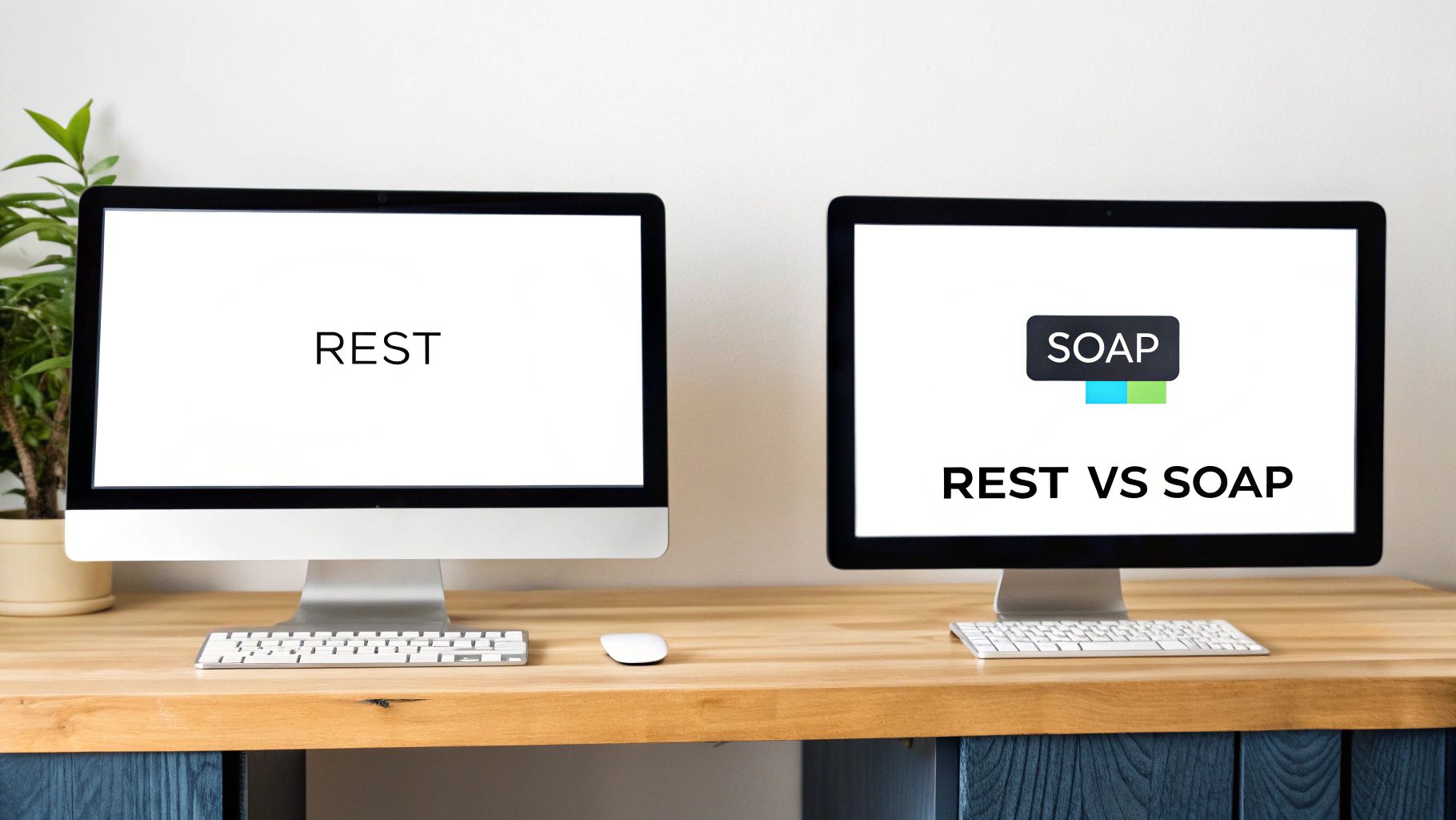 Two computer monitors on a wooden desk displaying text comparing REST and SOAP API protocols.