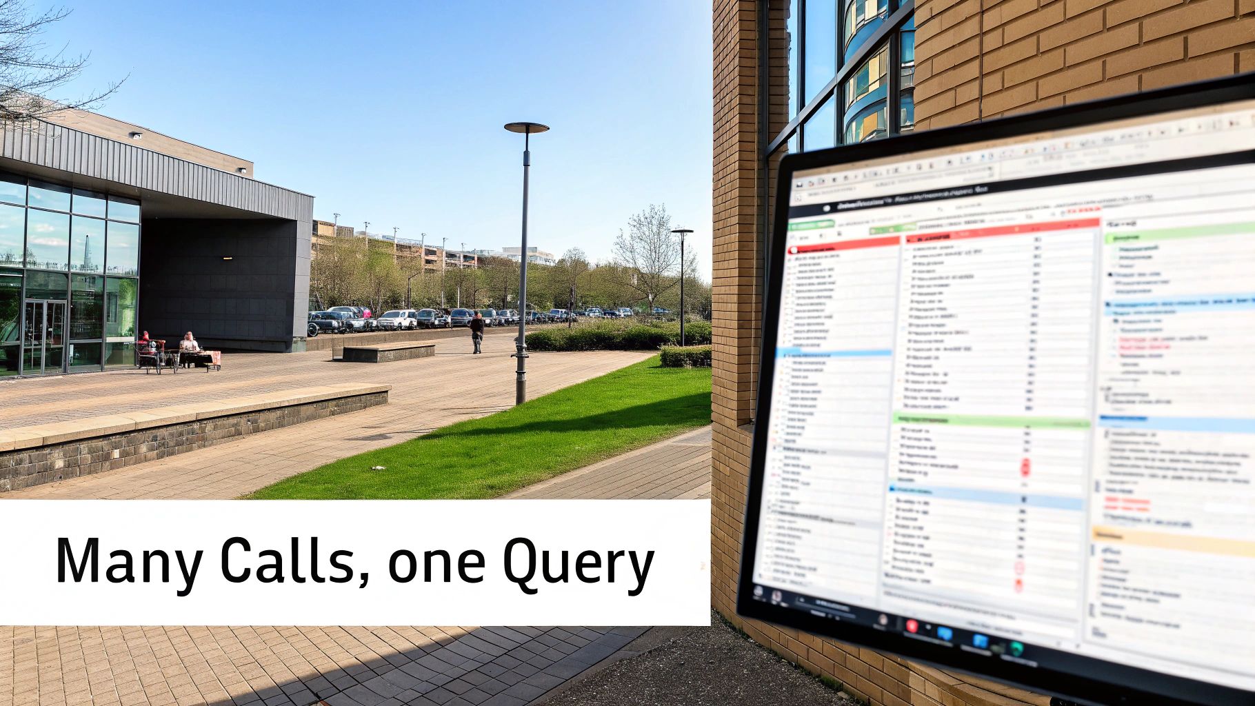 Outdoor scene with a modern building, people, a street, and a computer screen displaying data, with text 'Many Calls, one Query'.