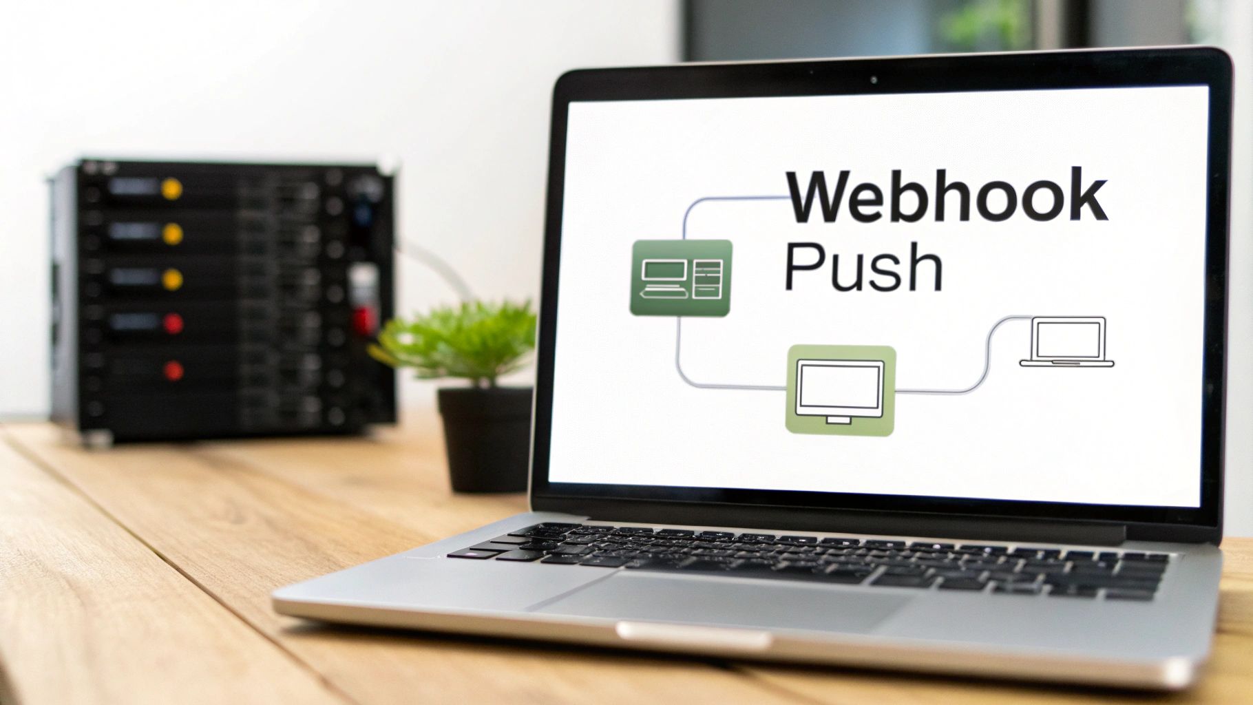 A silver laptop screen displays a 'Webhook Push' diagram with connected computer icons.