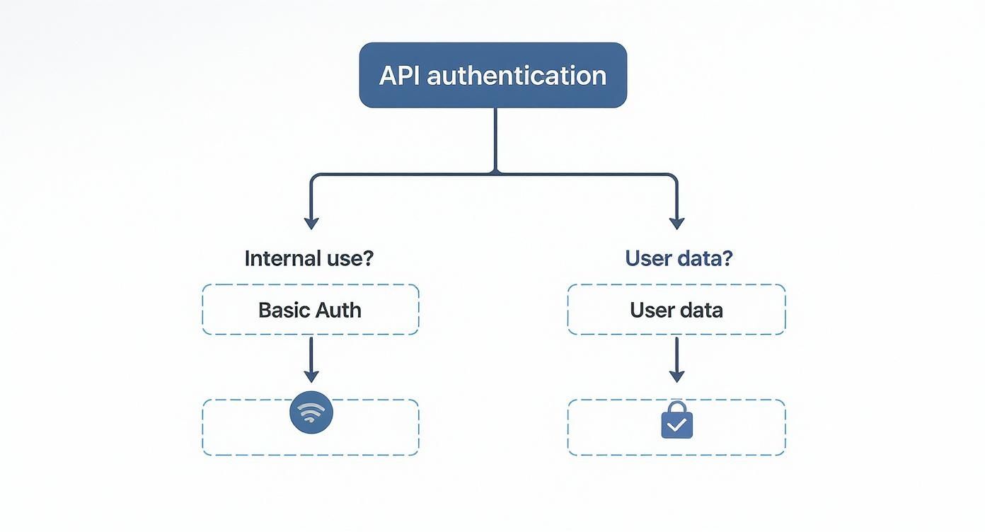 Flowchart illustrating API authentication methods, branching for internal use (Basic Auth) and user data scenarios.