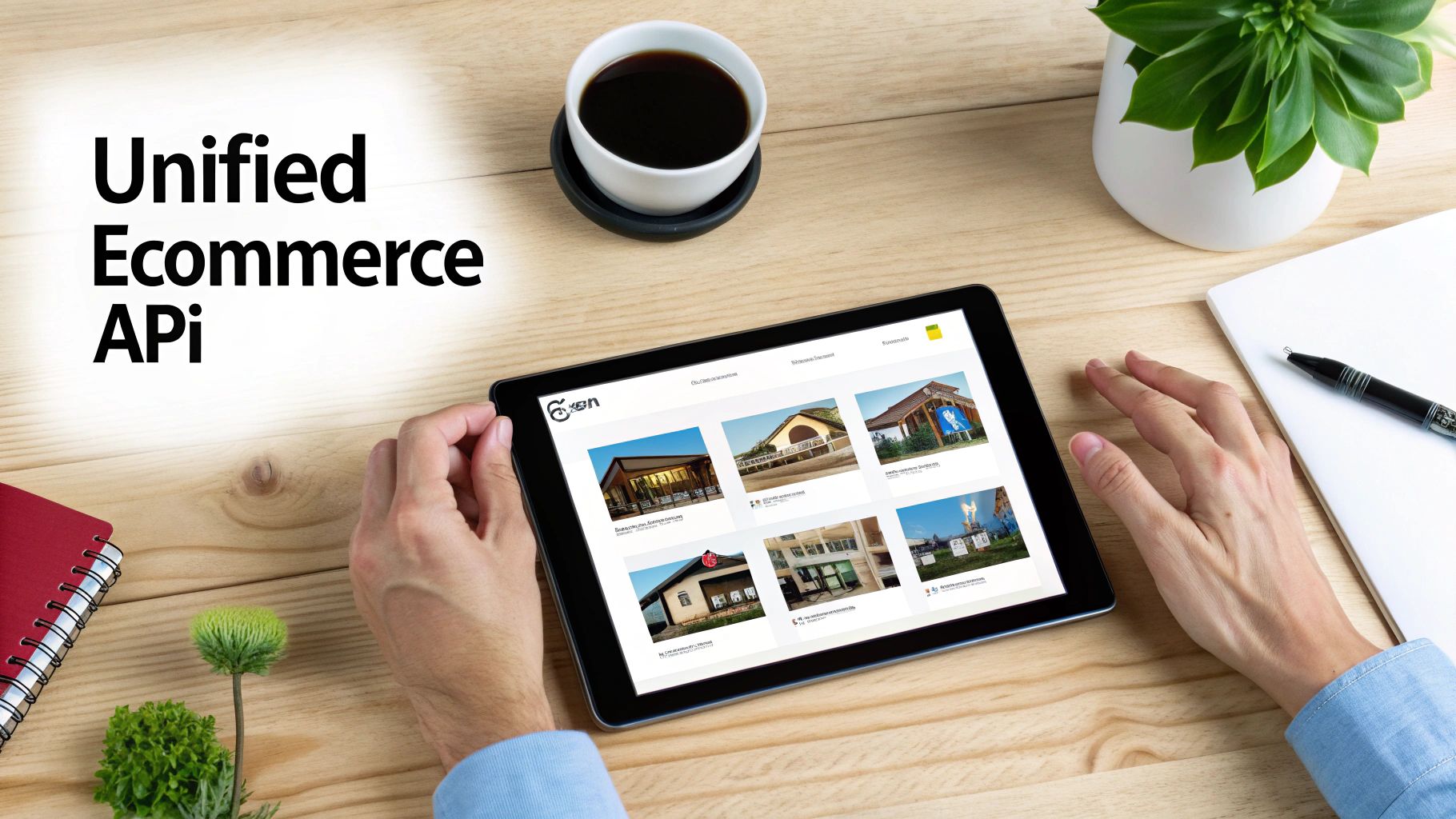 A person views a tablet displaying a website with building images, with text 'Unified Ecommerce API' overlay.