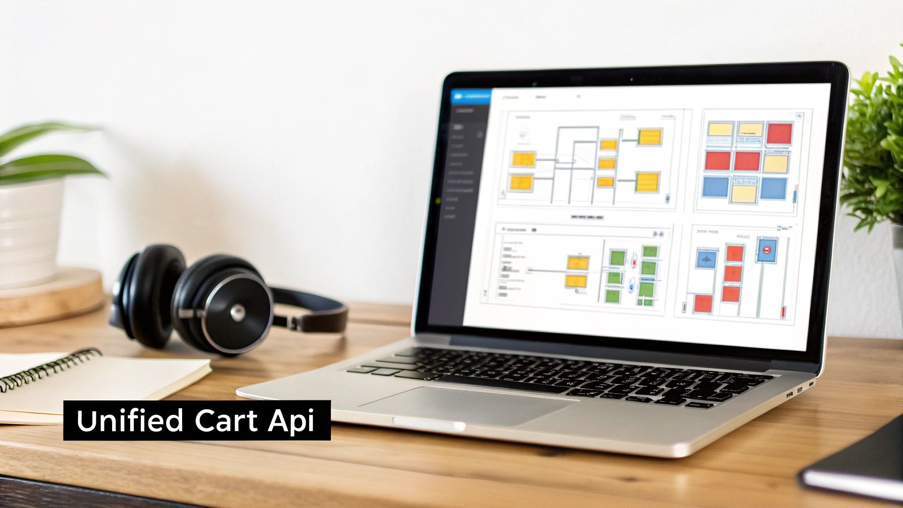 A laptop on a wooden desk displays a system architecture diagram, next to headphones and a plant, with 'Unified Cart Api' text.