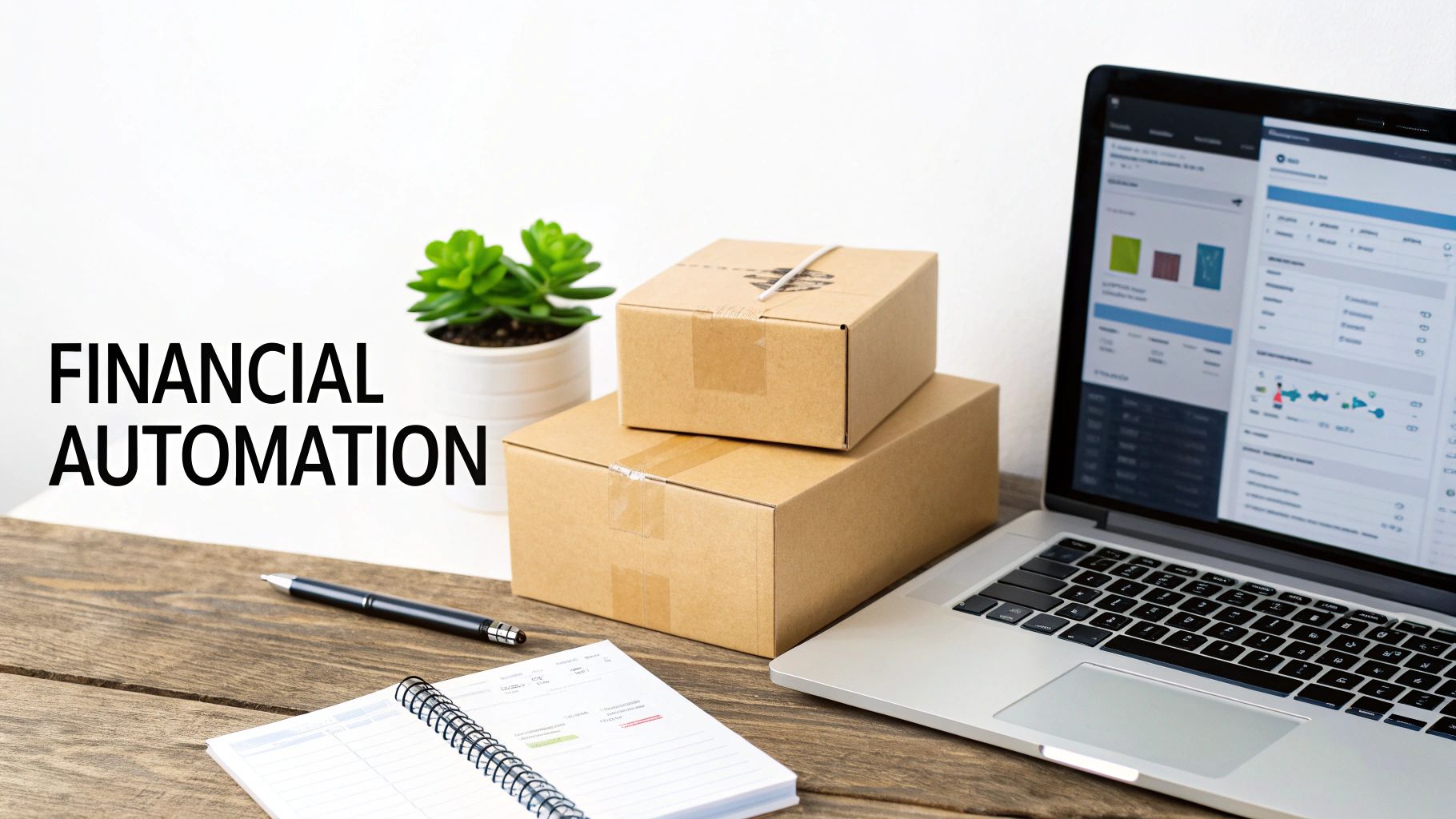 A desk setup with a laptop showing financial data, boxes, a plant, and a notebook, labeled 'FINANCIAL AUTOMATION'.