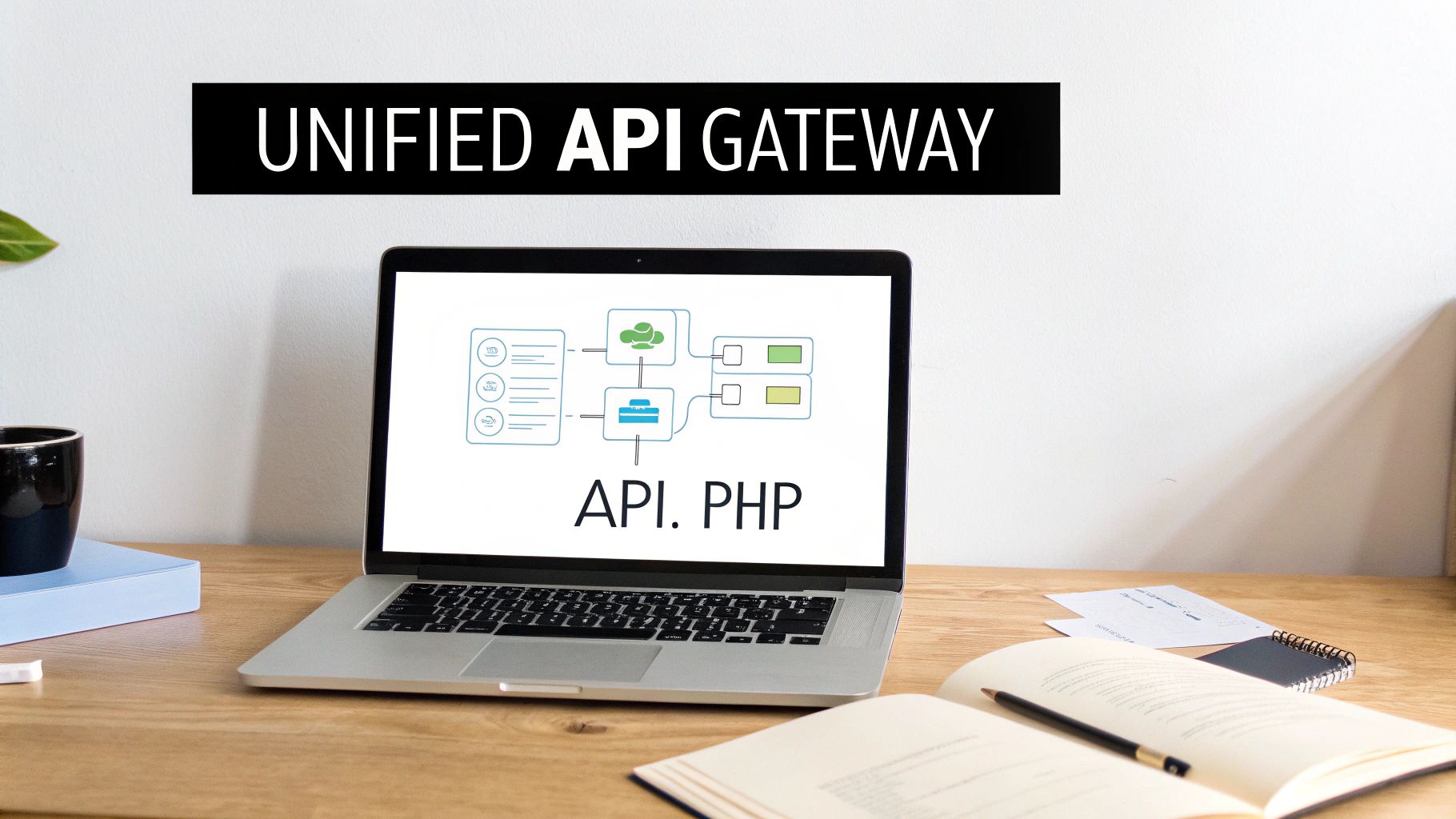 A laptop on a wooden desk displays a 'Unified API Gateway' diagram with 'API. PHP' text.