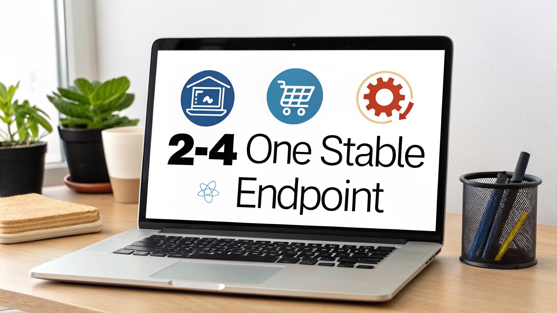 A laptop on a desk displaying '2-4 One Stable Endpoint' with three icons: application, shopping, and settings.