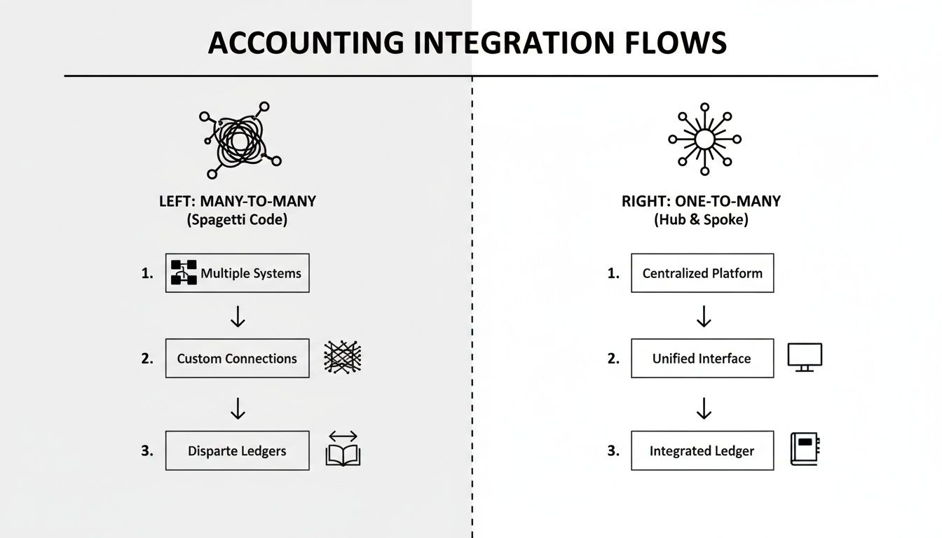 Diagram illustrating two accounting integration flows: many-to-many spaghetti code versus one-to-many hub and spoke.