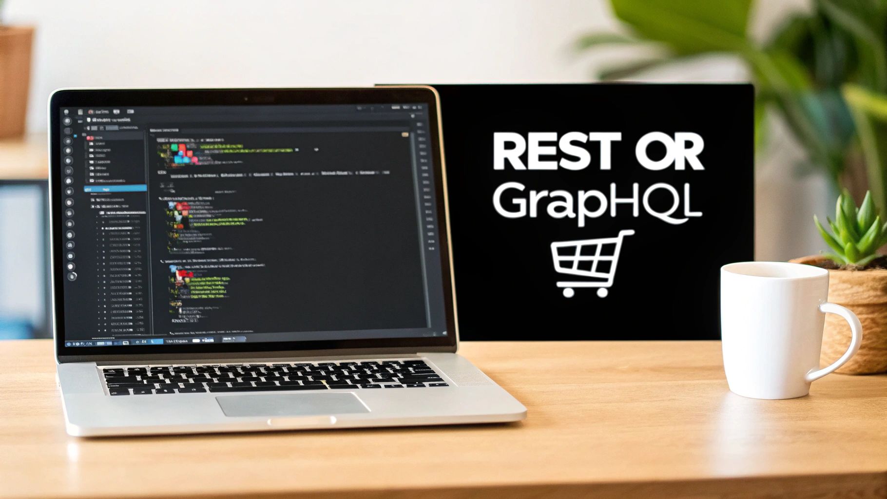 Laptop displaying code, a sign comparing 'REST OR GraphQL' with a shopping cart, and a coffee mug.
