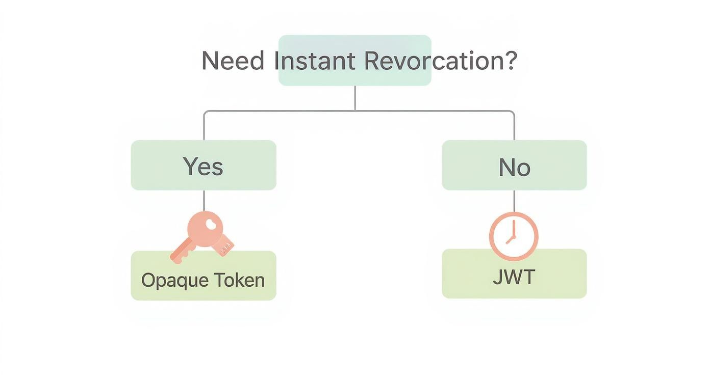 Decision tree for choosing between Opaque Tokens and JWT for instant revocation.