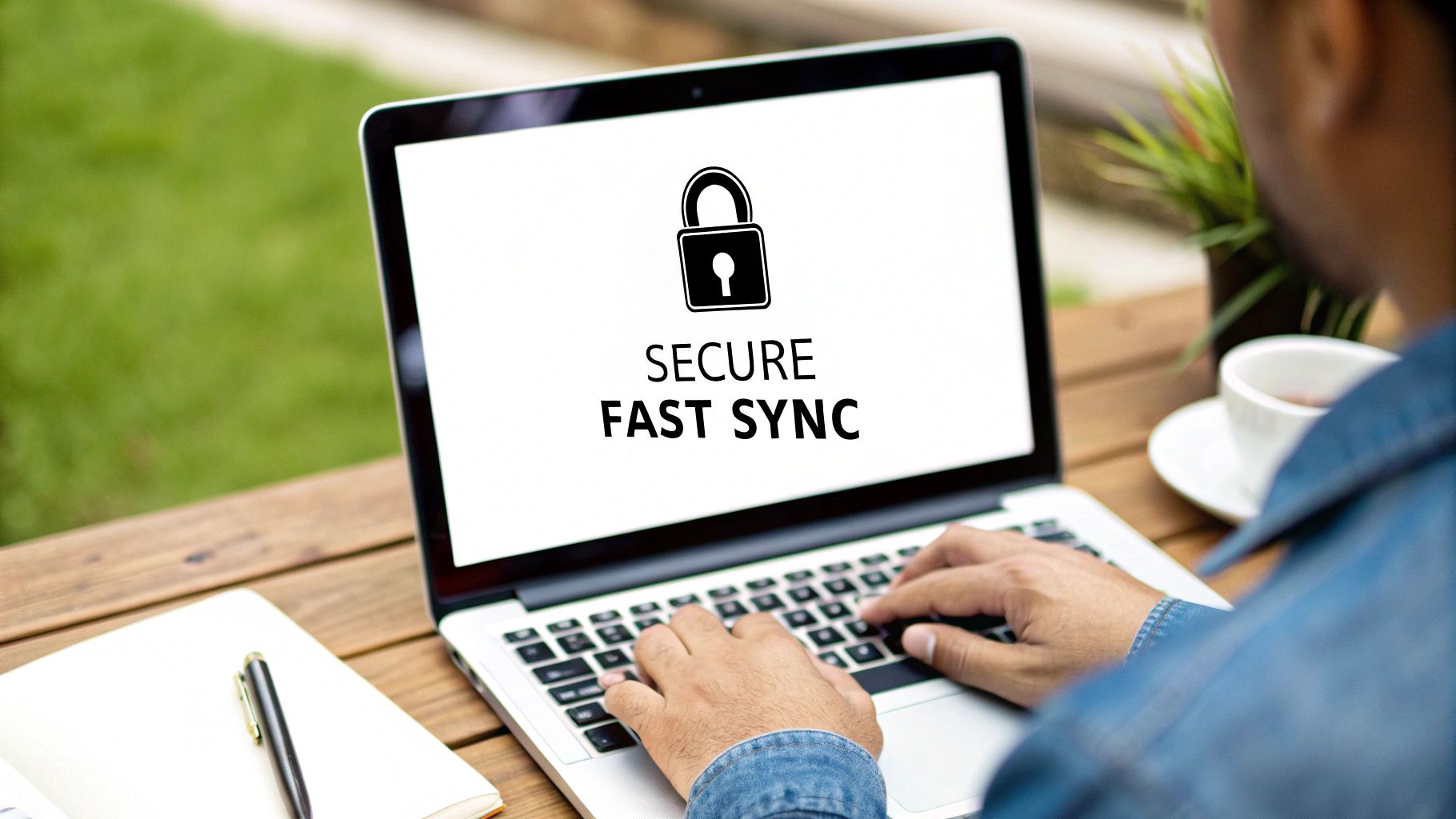 Person typing on a laptop screen displaying a padlock icon and text 'Secure Fast Sync' outdoors.