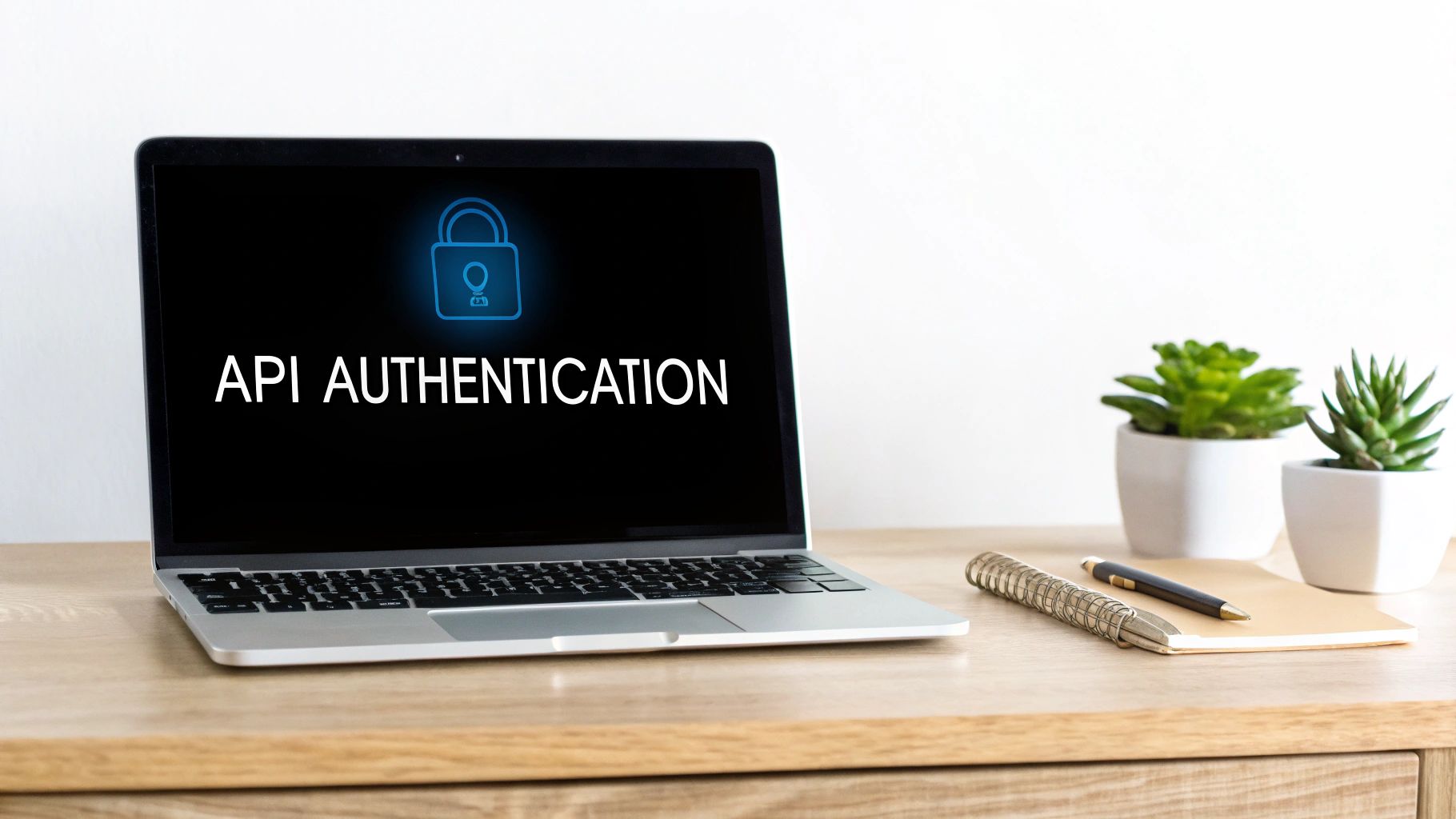 Laptop screen displaying 'API AUTHENTICATION' with a padlock icon on a wooden desk with plants.