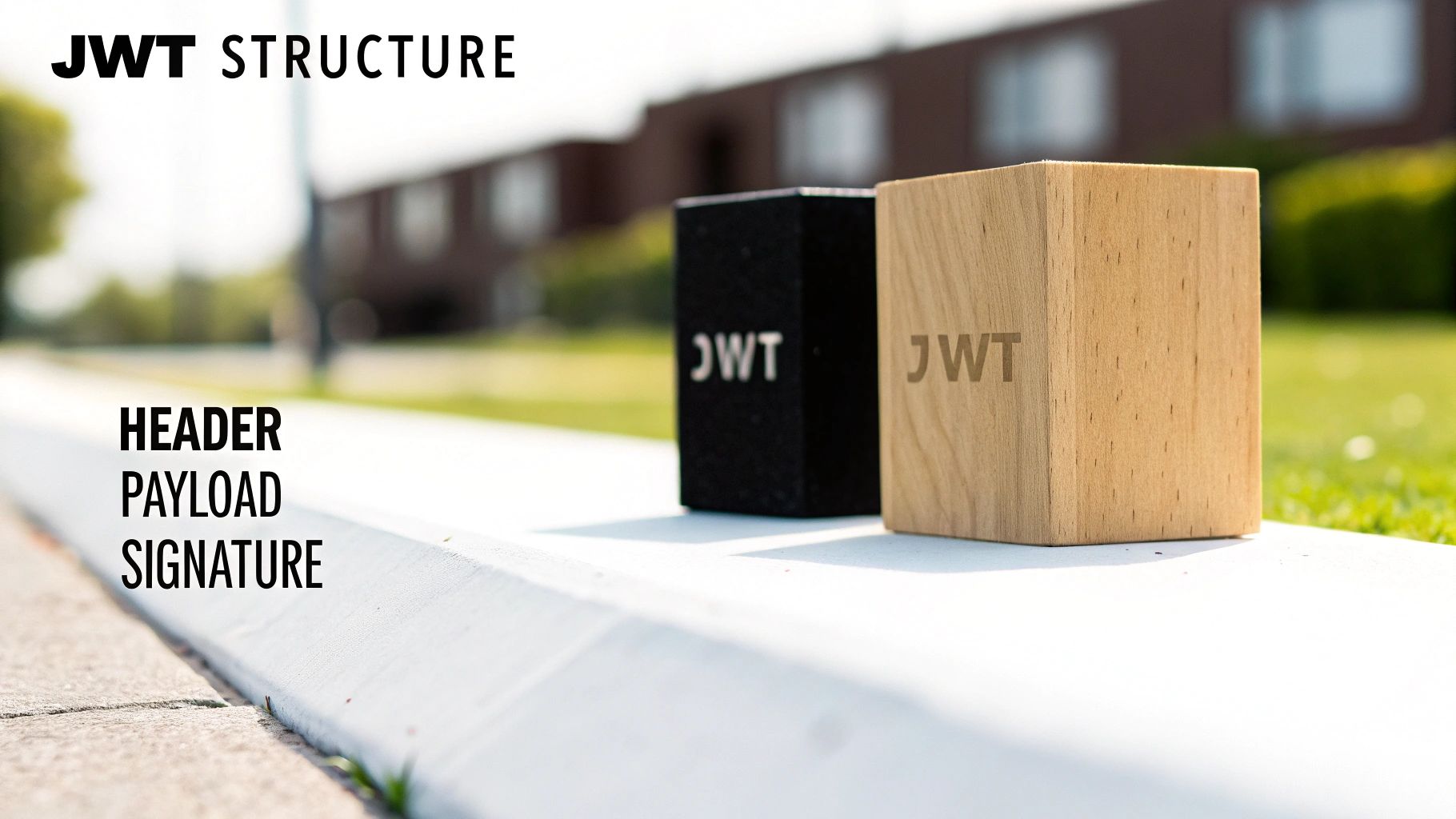 Visual explanation of JWT structure with black and natural wood blocks labeled 'JWT', showing 'HEADER PAYLOAD SIGNATURE'.