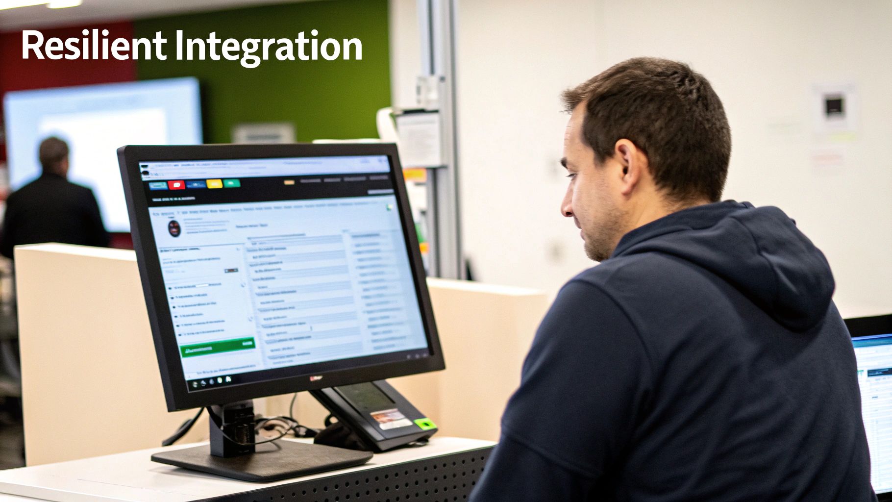 A man in a navy hoodie intently focuses on a computer screen in a modern office.