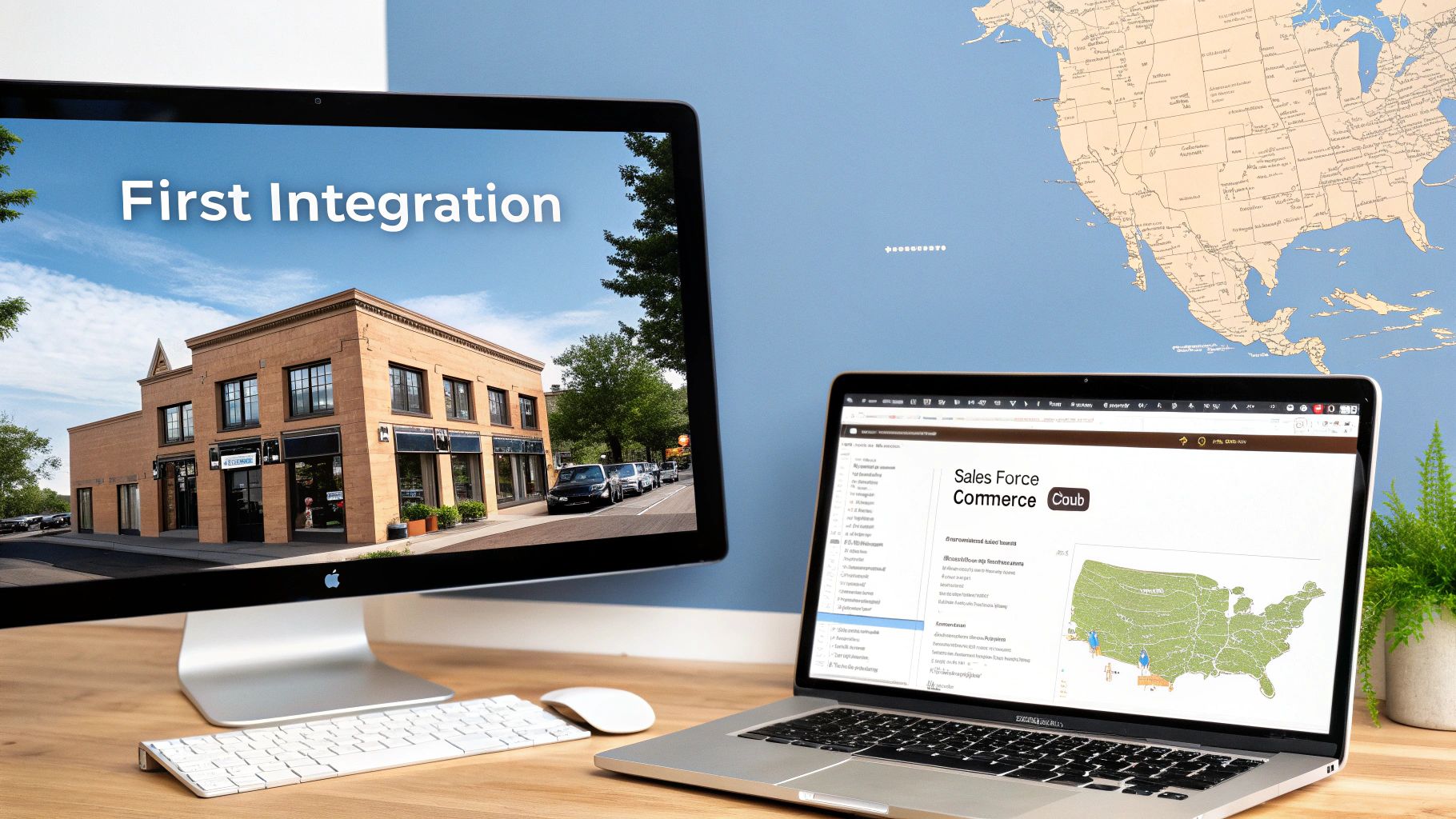 A dual monitor workstation with an Apple display showing 'First Integration' and a laptop displaying Salesforce Commerce Cloud content.