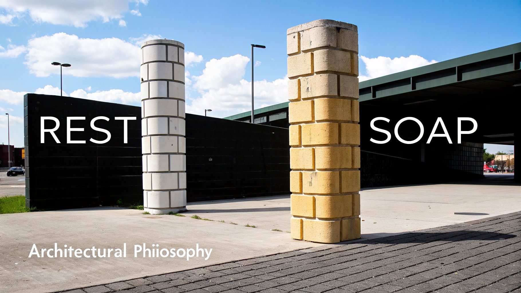 Two pillars, one white and one yellow, display 'REST' and 'SOAP' with 'Architectural Philosophy'.