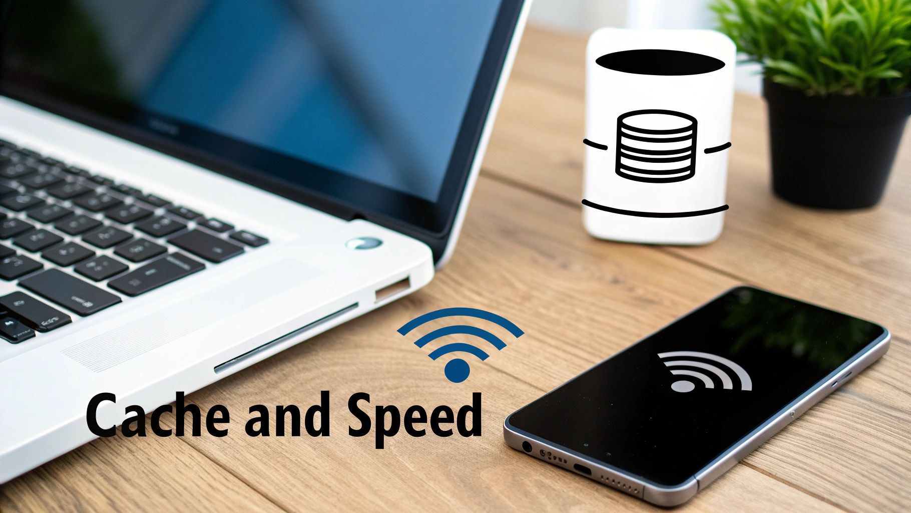 Laptop, smartphone, and database server on a wooden desk with Wi-Fi symbols and 'Cache and Speed' text.