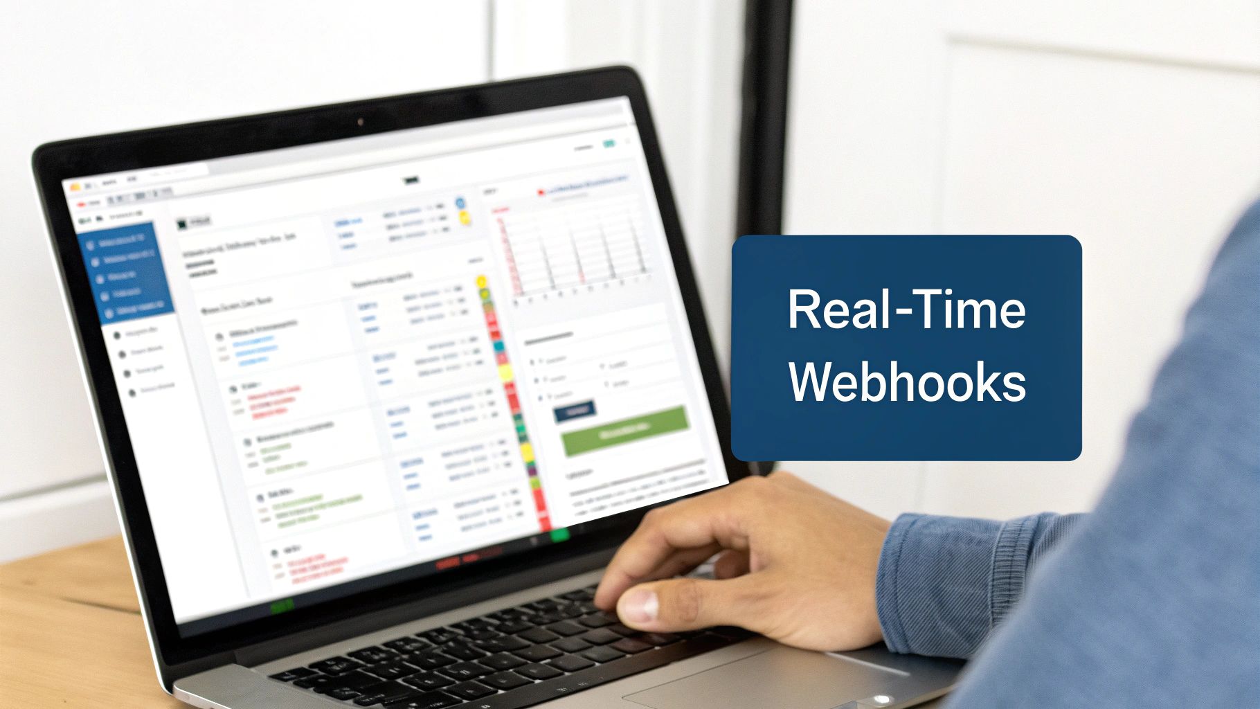 A person uses a laptop displaying a dashboard with data and 'Real-Time Webhooks' text.