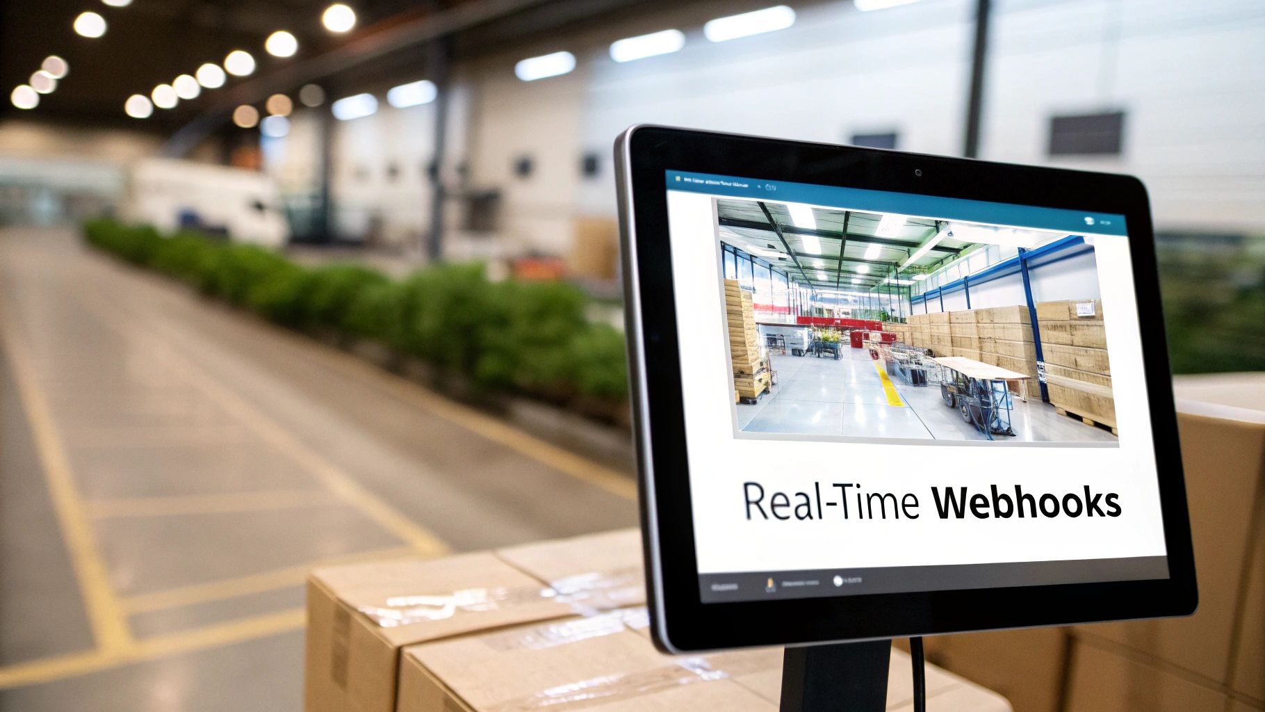A tablet displays a live warehouse feed with "Real-Time Webhooks" text, amidst shipping boxes.