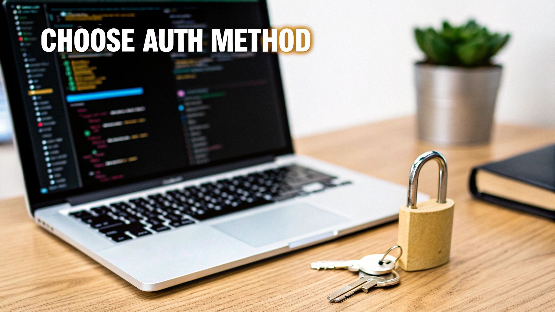 A laptop displaying code and 'CHOOSE AUTH METHOD' text, next to a padlock and keys.