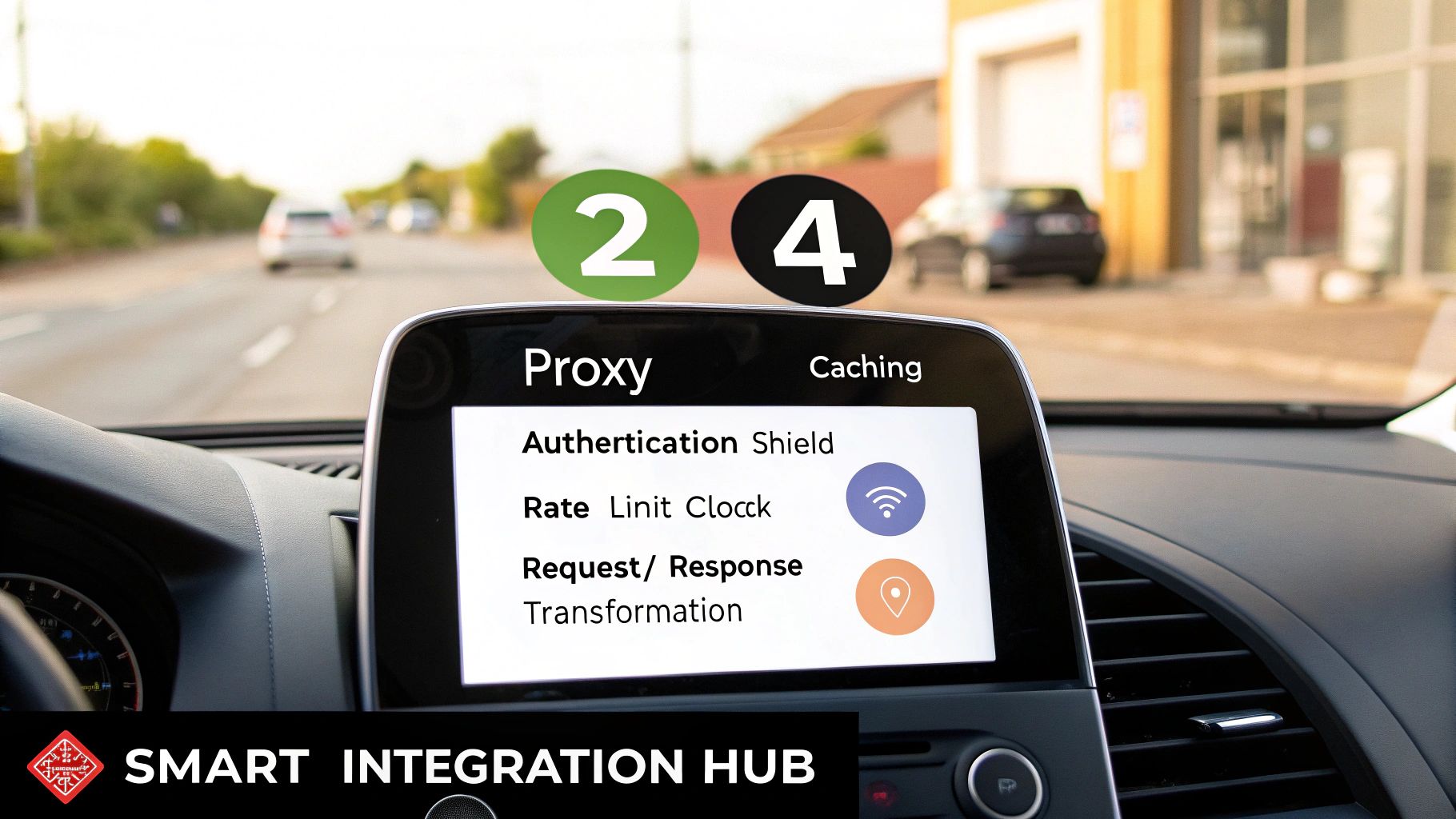 In-car display showing 'Proxy' and 'Caching' options, detailing API security and transformation features.