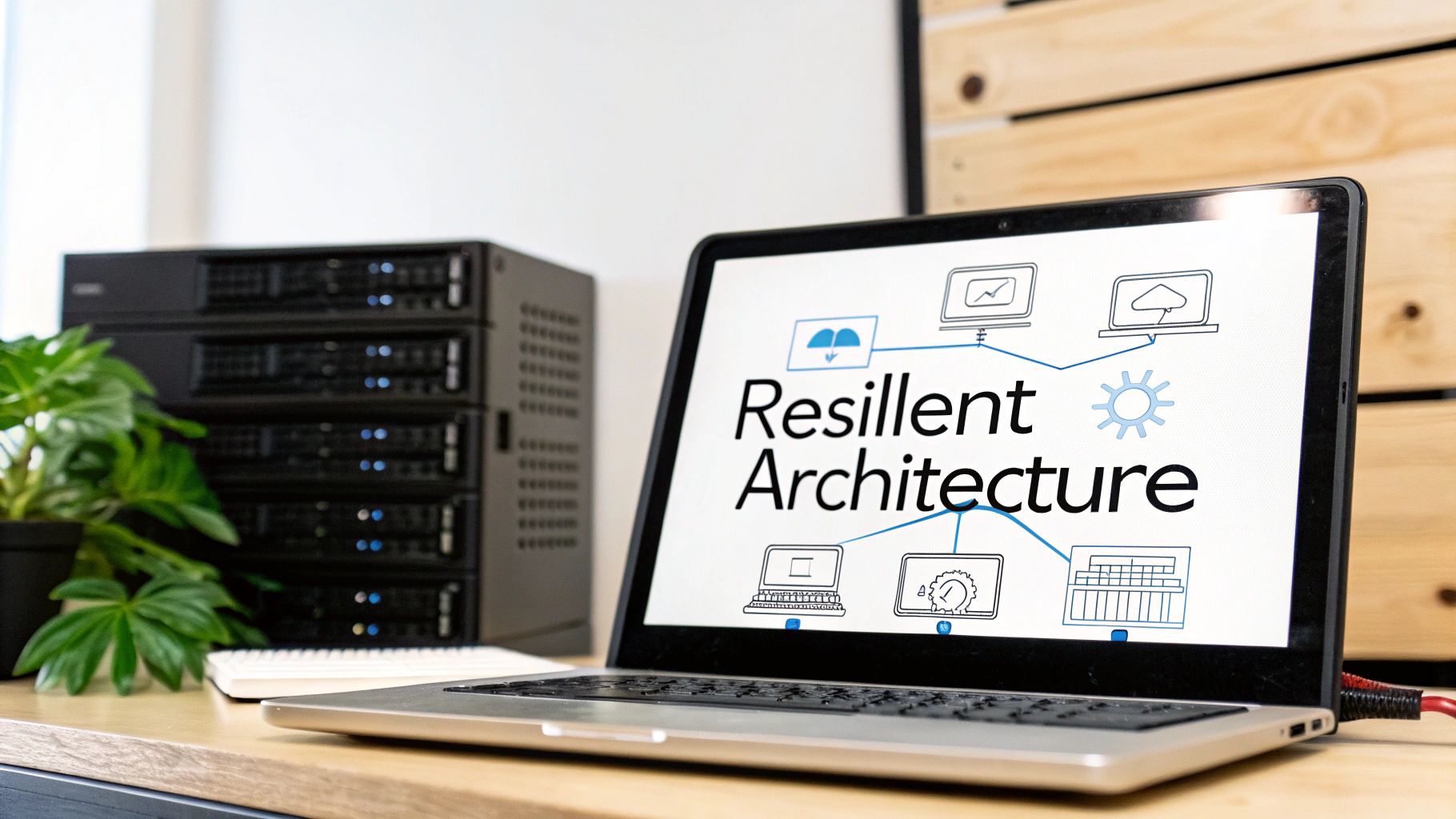 A laptop screen shows 'Resilient Architecture' with tech icons, alongside server racks in an office.