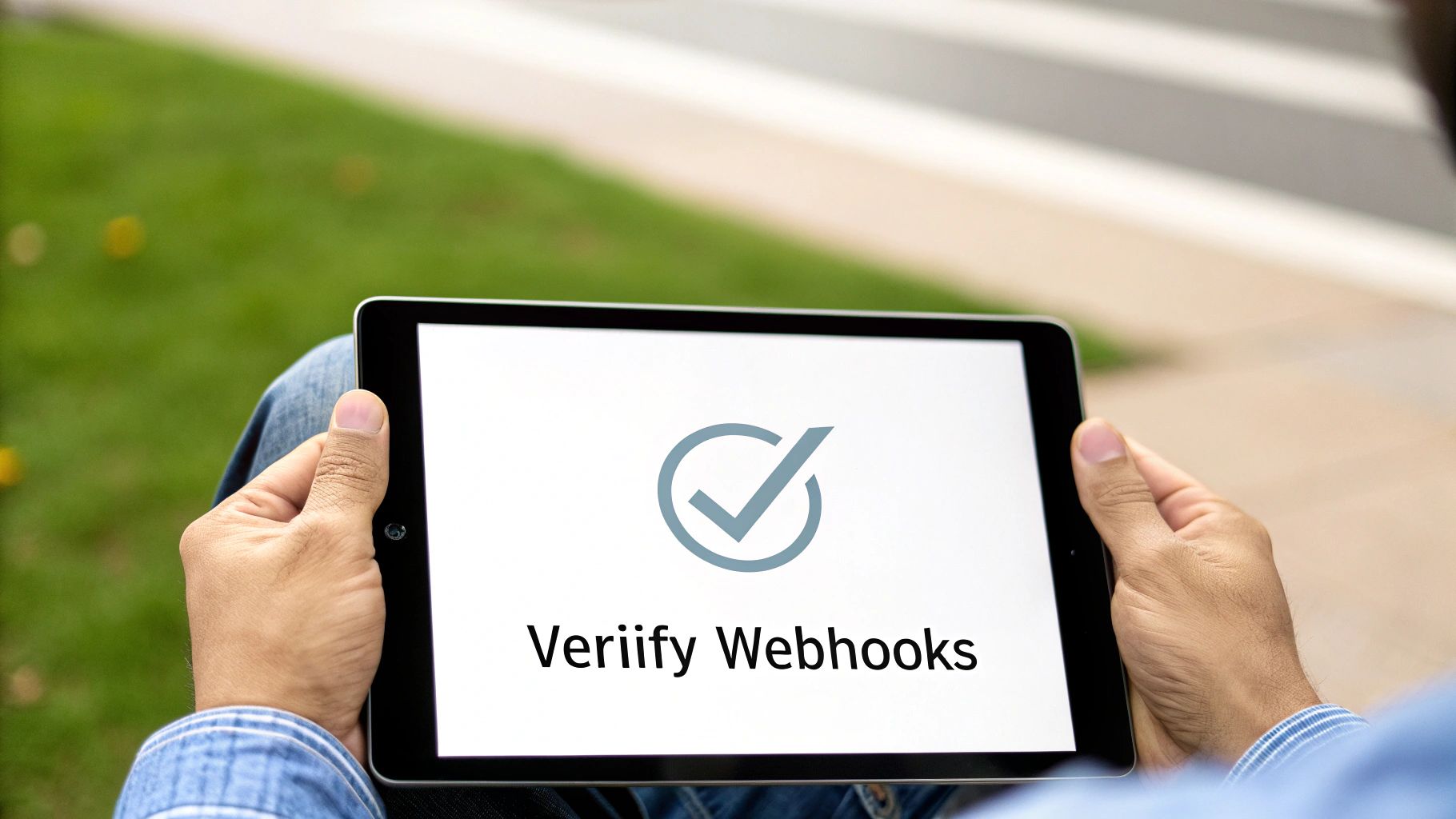 Person holding a tablet showing 'Veriify Webhooks' text and a checkmark icon on the screen.