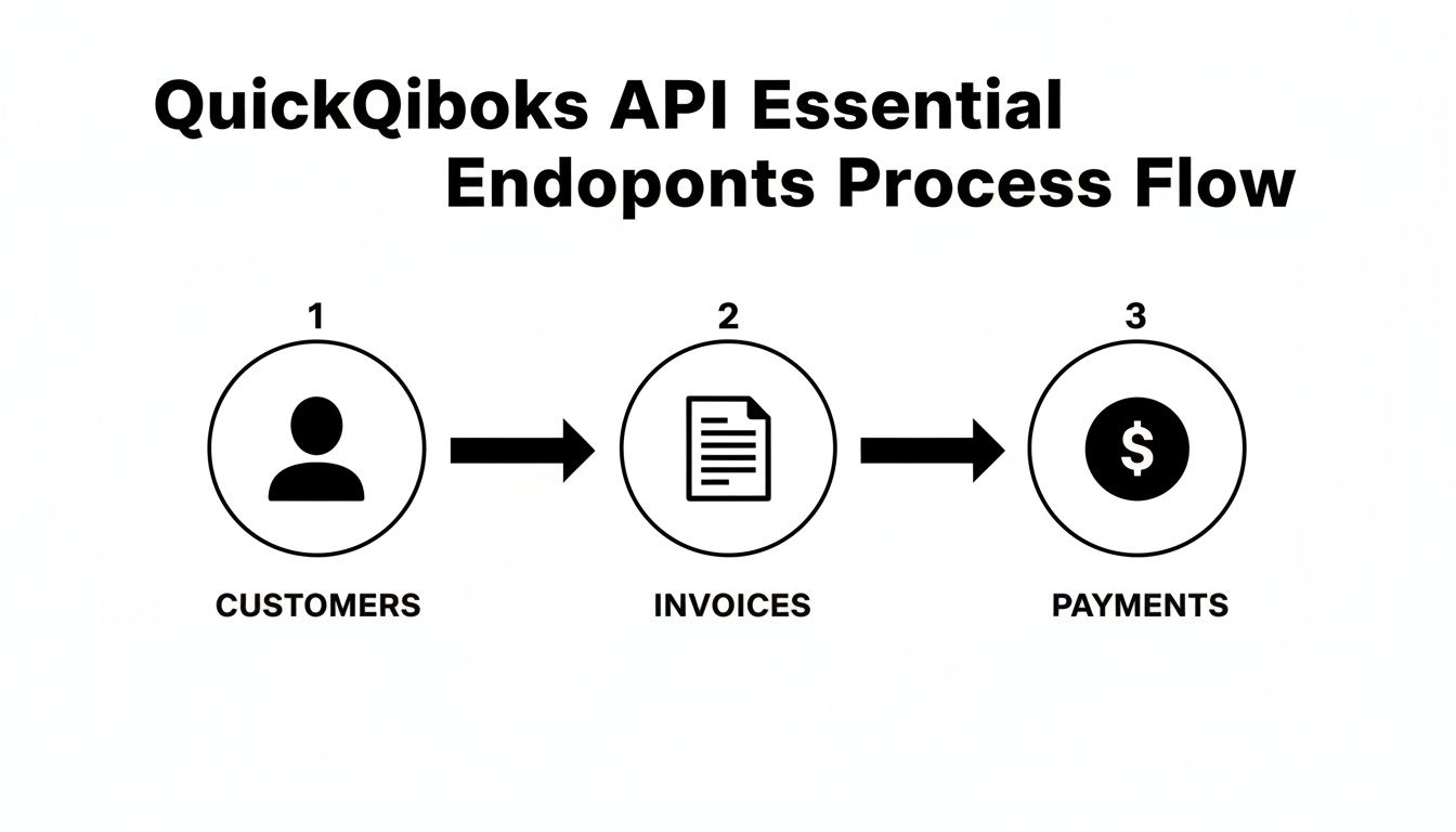 A flowchart illustrating the QuickQiboks API essential endpoints: Customers, Invoices, and Payments, in a sequential process.